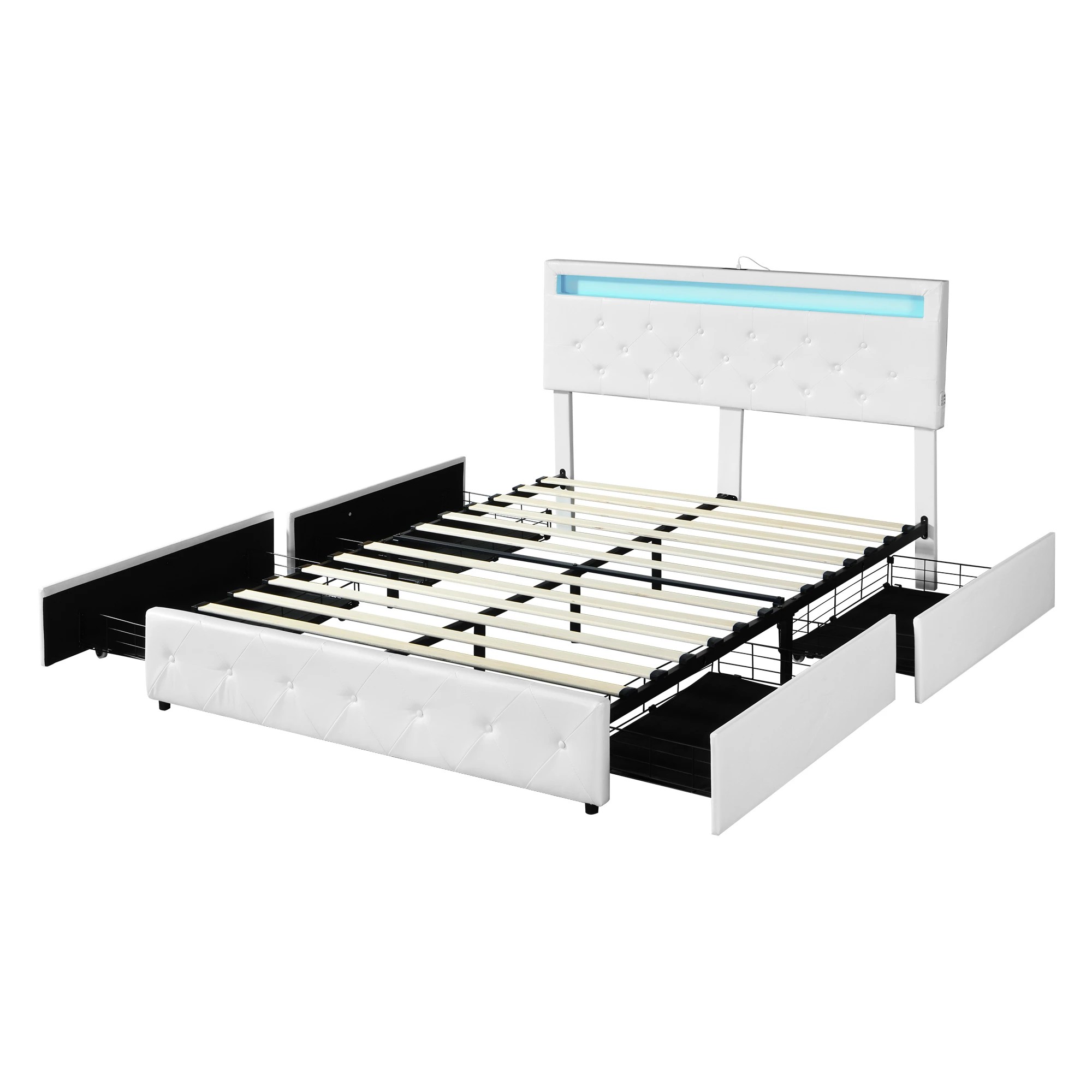 1 Levede Double PU Leather Bed Frame With LED Light and Storage Drawers - White, 1 of 9