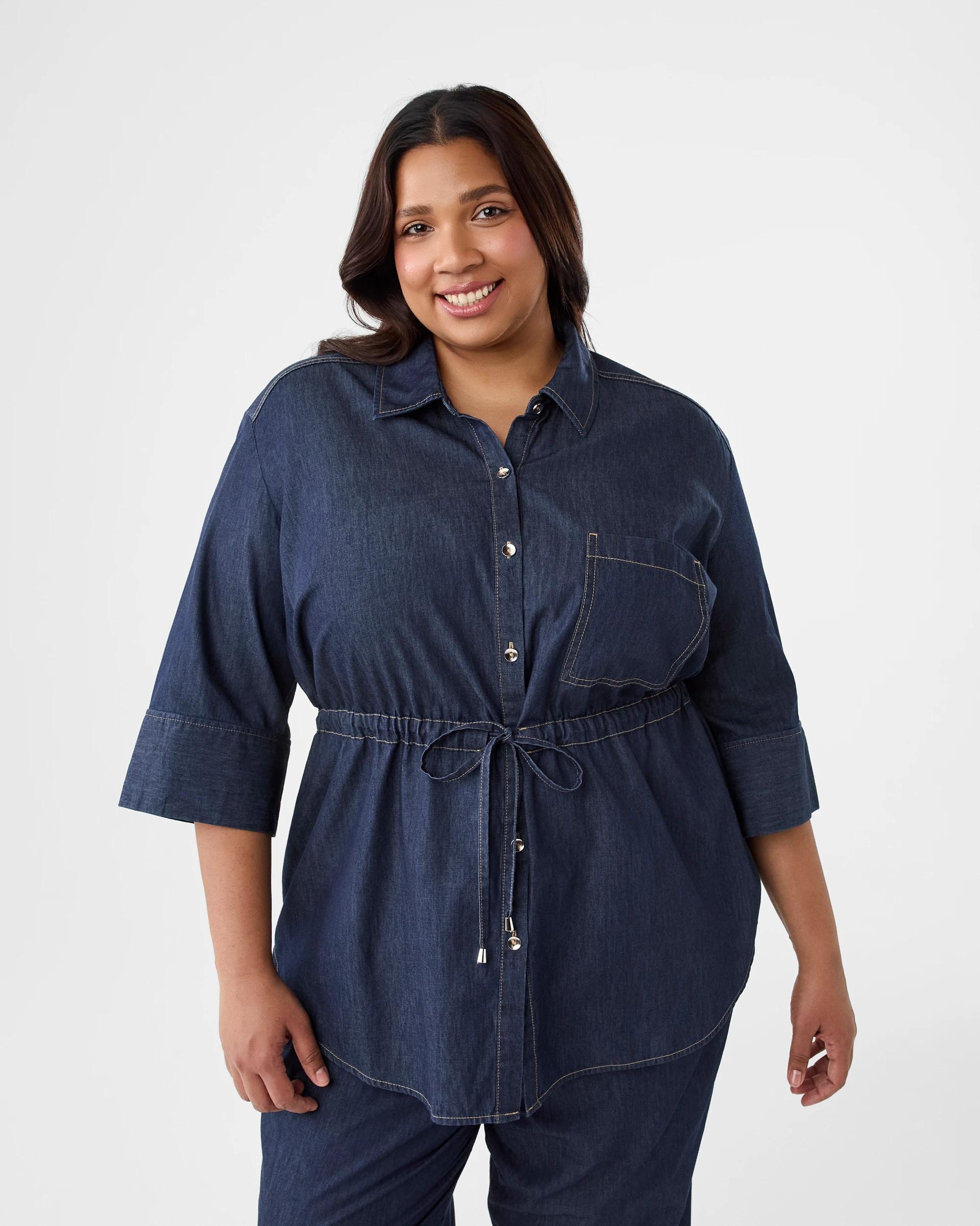 1 Curve Chambray Tie Waist Shirt Dark Denim, 1 of 7