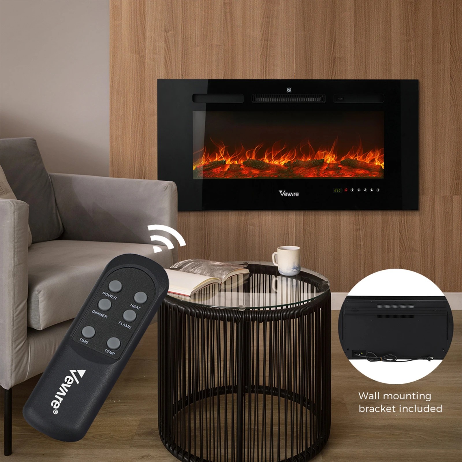 3 Vevare Electric Fireplace Heater Wall Mounted 3D Flame Effect Indoor 2000W - Black, 3 of 5