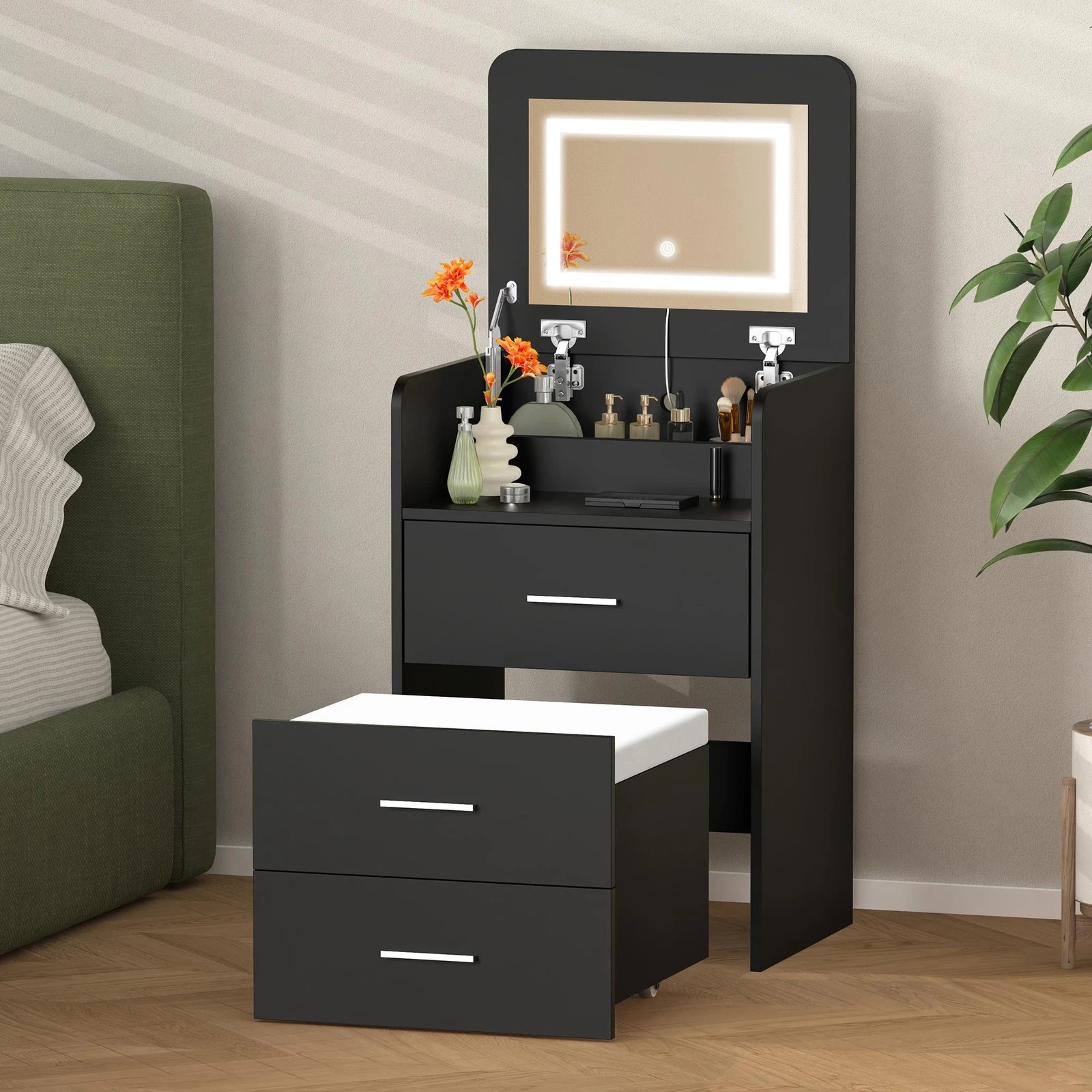 2 Alfordson Dressing Table Stool Set 2-In-1 Makeup Mirror Vanity Desk - Black, 2 of 10