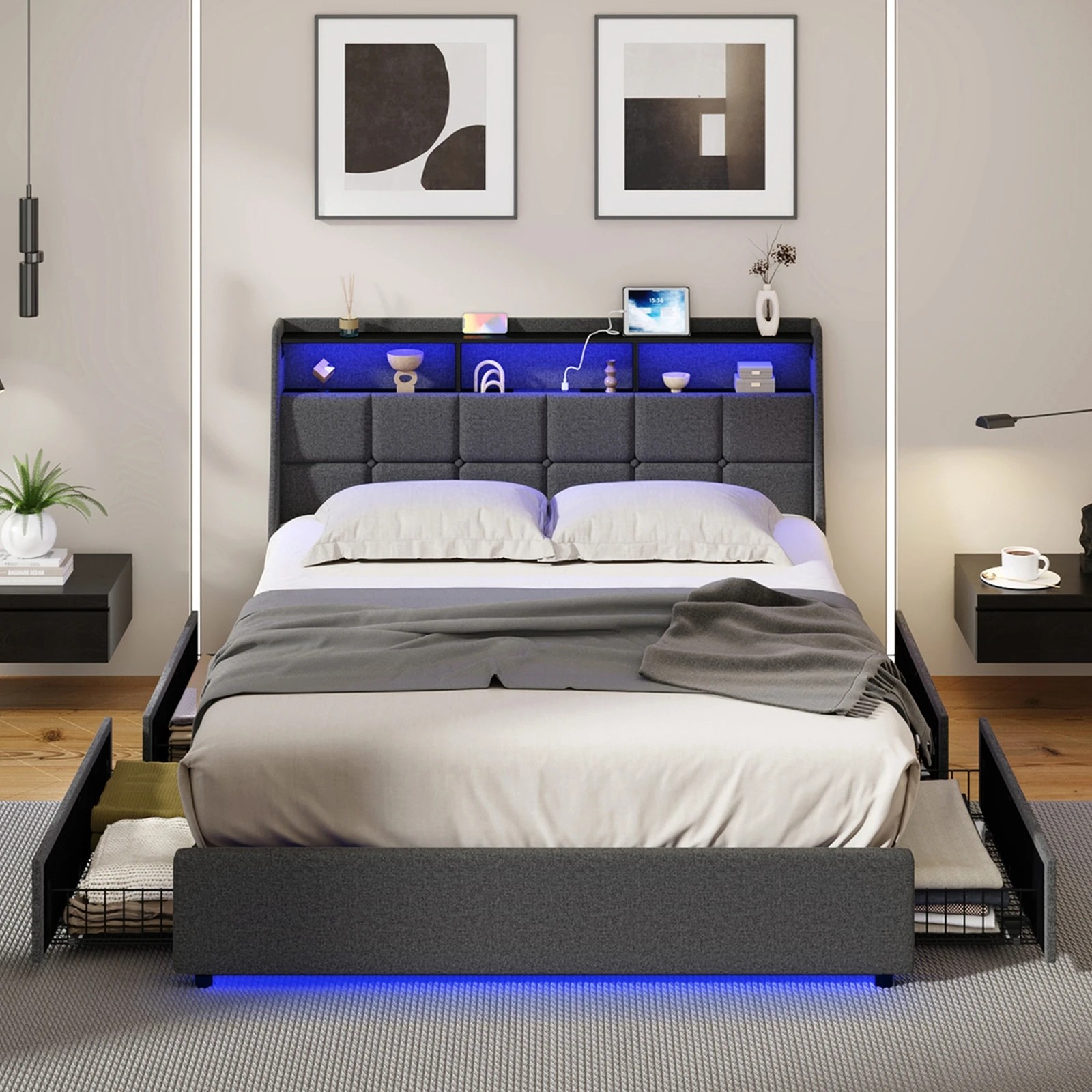 4 Oikiture Queen Bed Frame With LED Storage Headboard 2 Drawers & Charging Station - Grey, 4 of 7