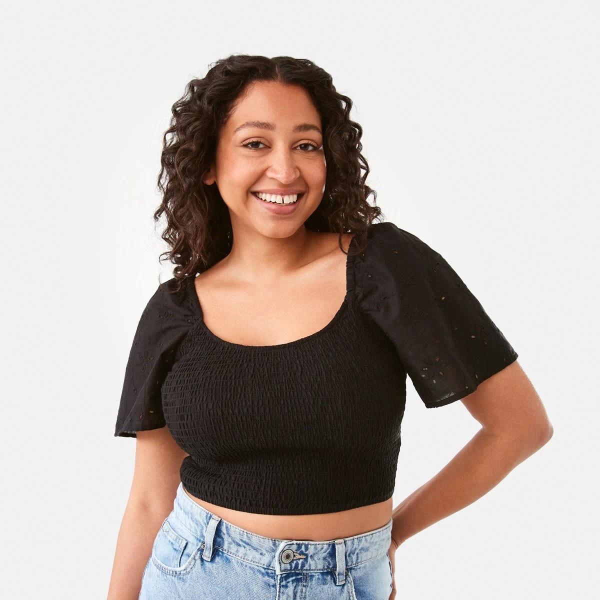1 Short Sleeve Shirred Broderie Top Black, 1 of 6