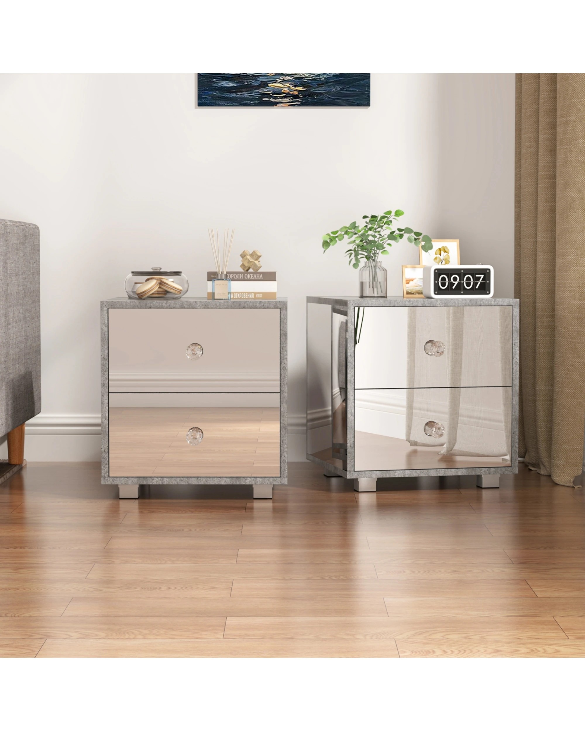 2 Advwin 2 Drawers Bedside Table Set of 2 Mirrored Nightstand, 2 of 8