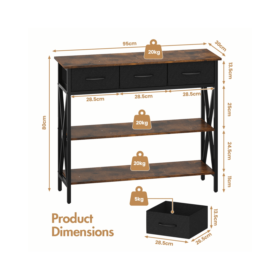 2 Advwin 3-Tier Console Table w/ 3 Drawers Hallway Table Narrow Entryway Display Table Walnut, 2 of 9