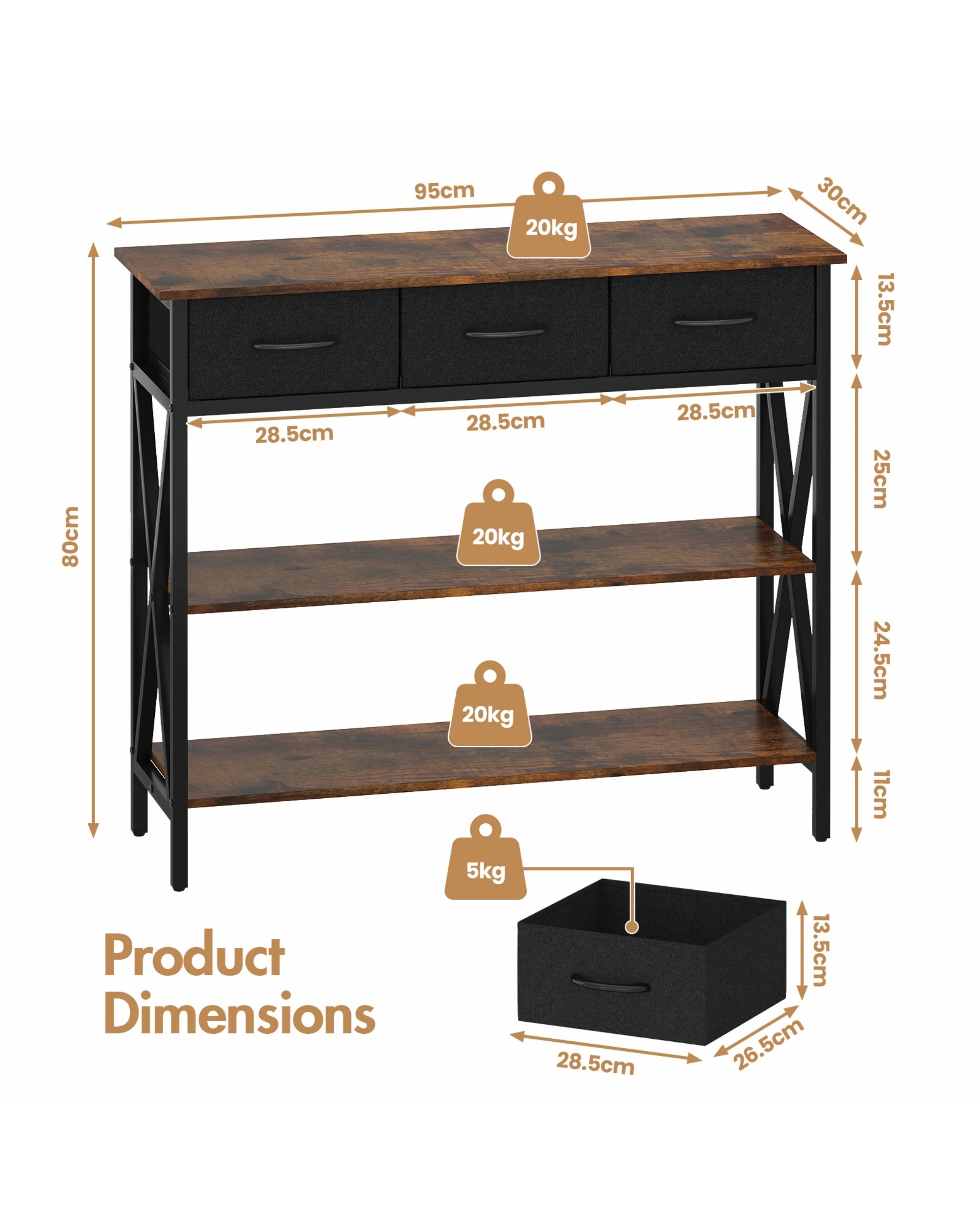 2 Advwin 3-Tier Console Table w/ 3 Drawers Hallway Table Narrow Entryway Display Table Walnut, 2 of 9