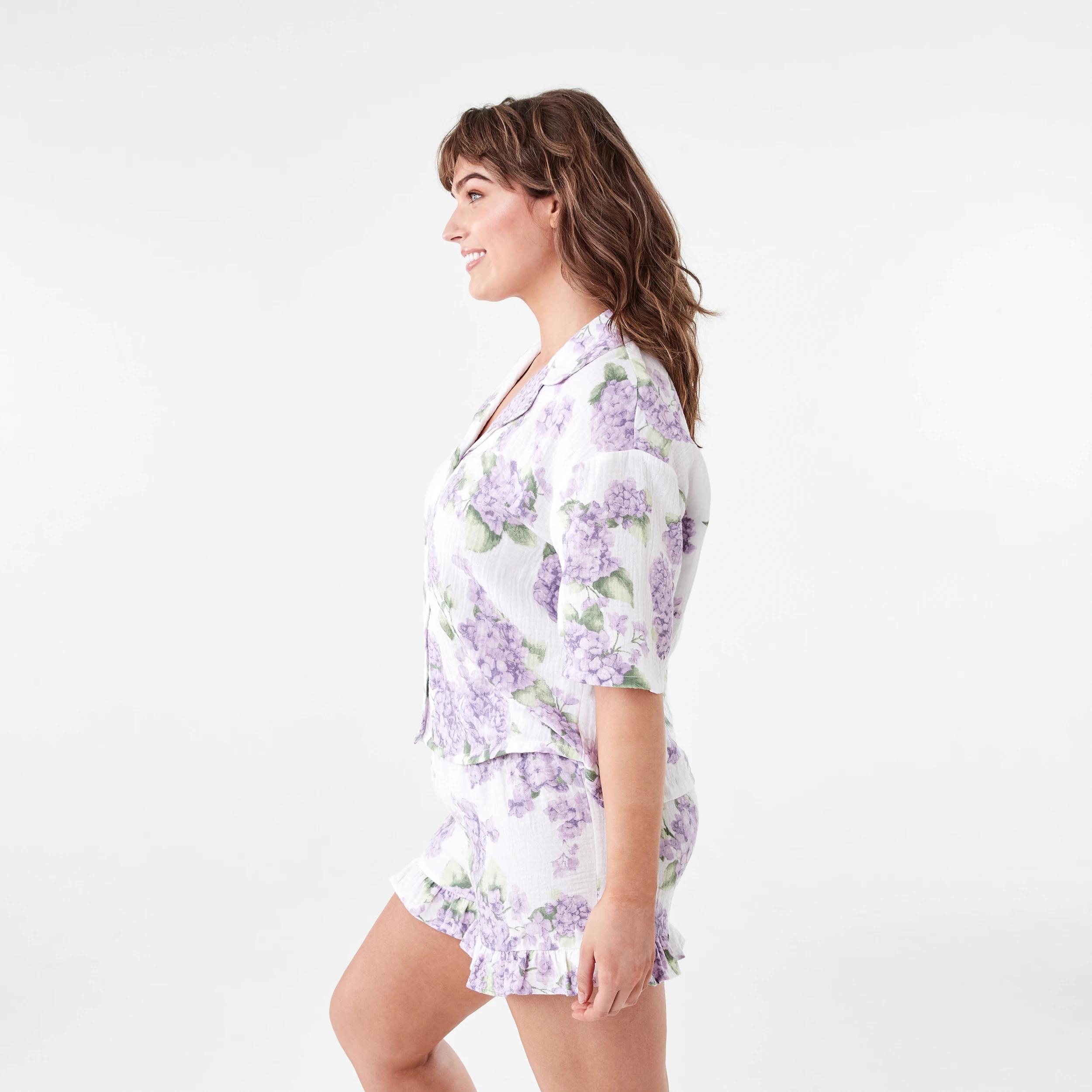 2 Short Sleeve Top and Shorts Double Cloth Frill Boxy Pyjama Set Hydrangea, 2 of 7