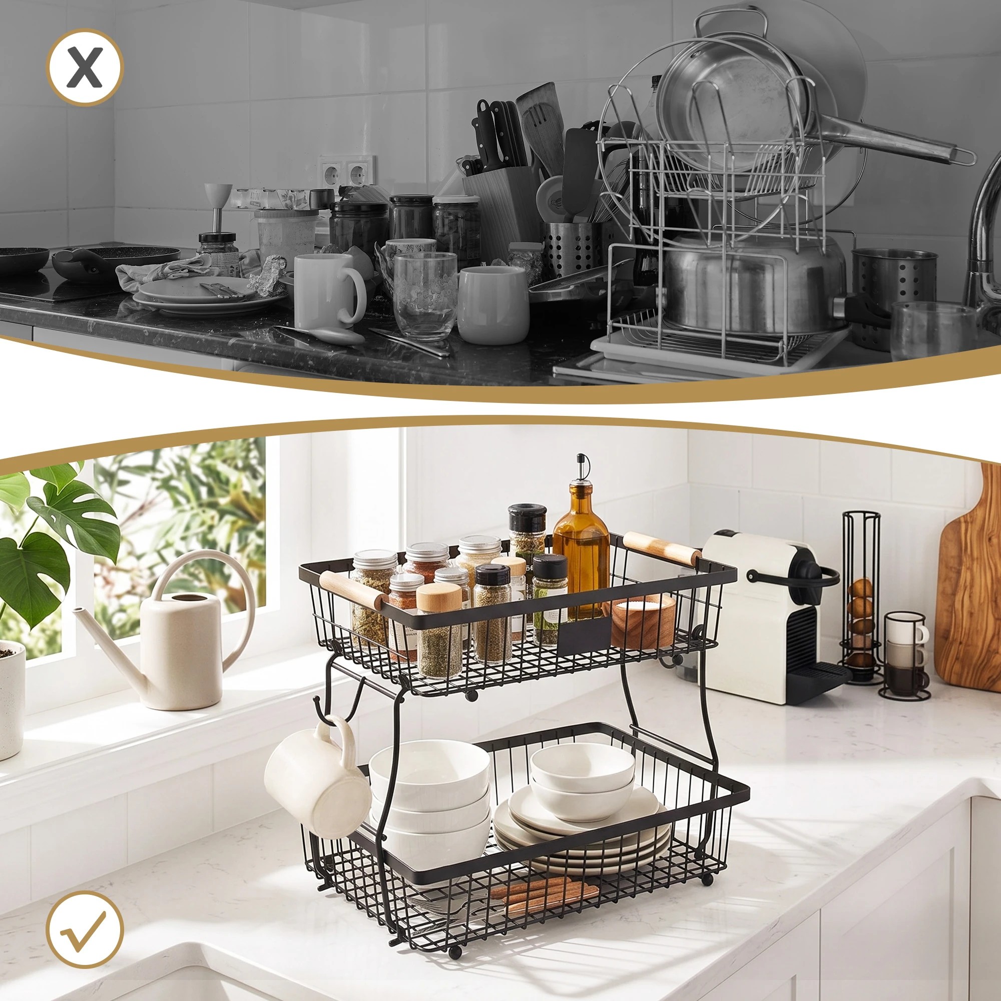 4 5-Star Chef 2 Tier Fruit Basket Bowl Detachable Kitchen Food Storage Stand Organiser - Black, 4 of 6