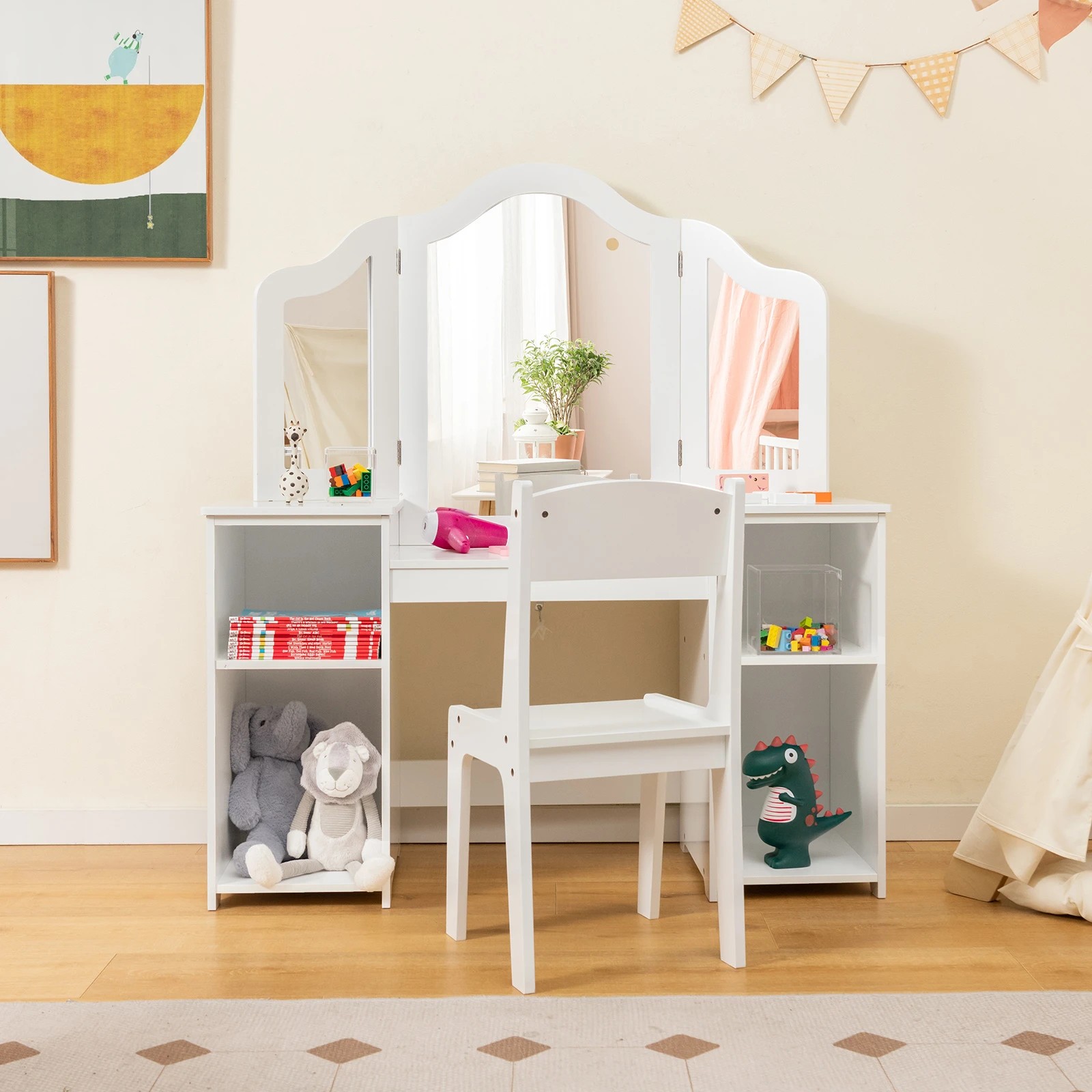 2 Costway 2-in-1 Vanity Table Set Princess Dressing Table Chair w/Tri-fold Mirror - White, 2 of 2