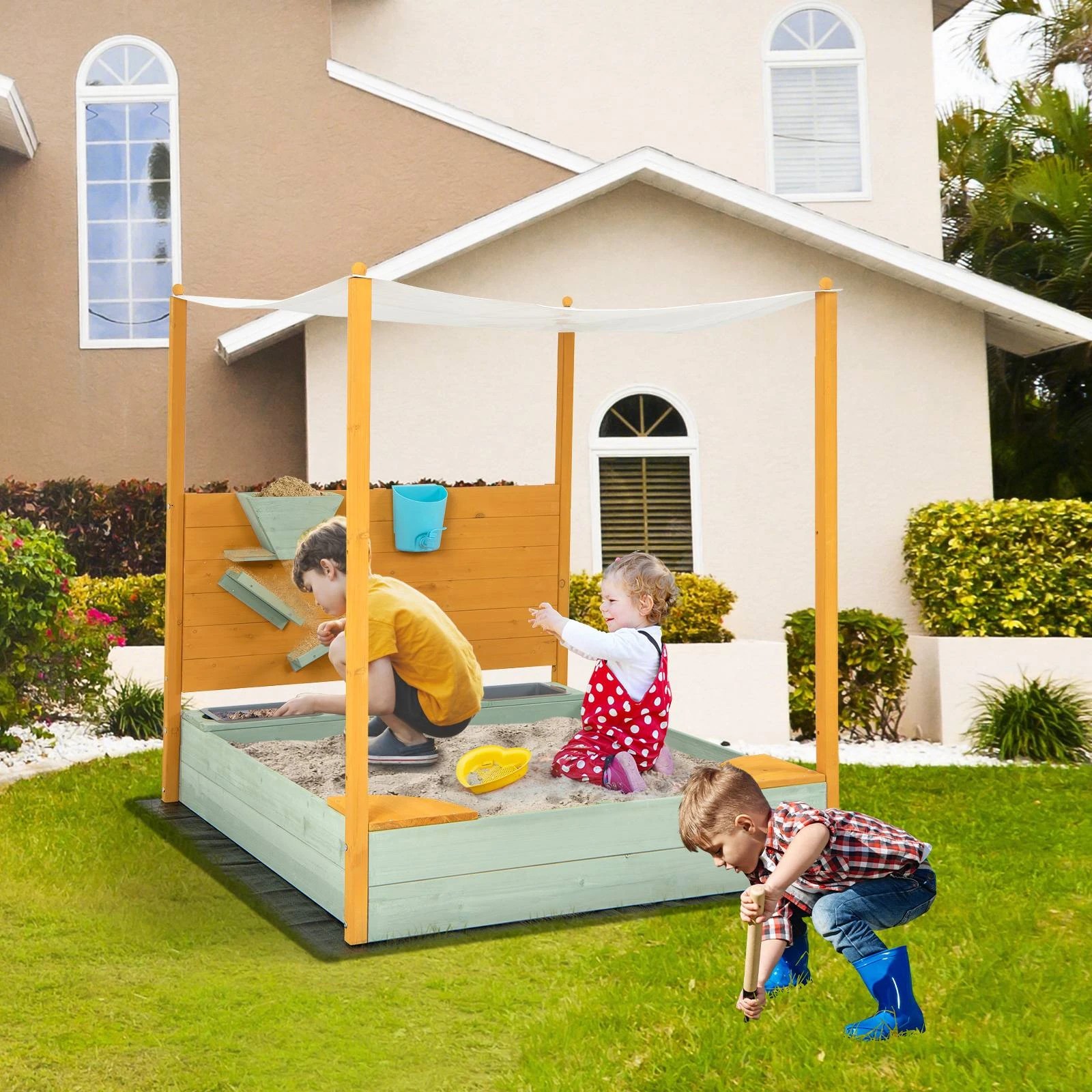 3 Costway Sandbox Beach Seat Toy Outdoor Wooden Sandpit, 3 of 3