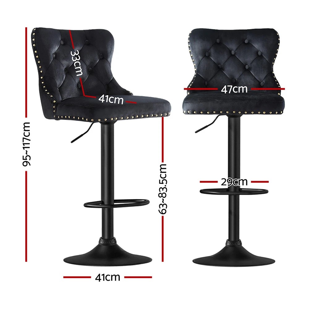2 Artiss 2x Velvet Bar Stool Adjustable Height Nailhead Trim Kitchen Counter Stool - Black, 2 of 5