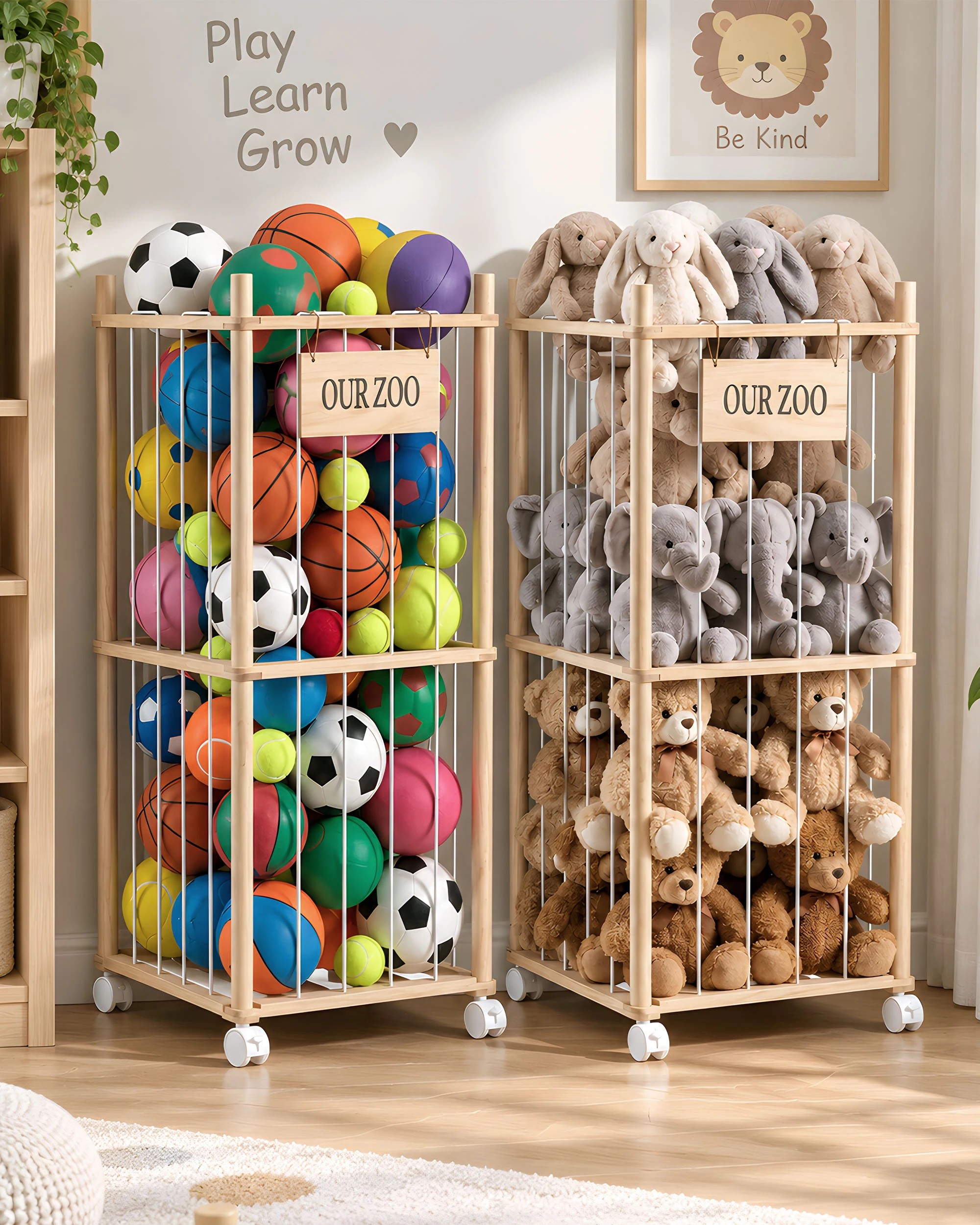8 PlayPals 2PCS 150L Stuffed Animal Toy Rolling Wooden Storage Organizer Elastic Cord Cage 40x40x94.5CM, 8 of 8