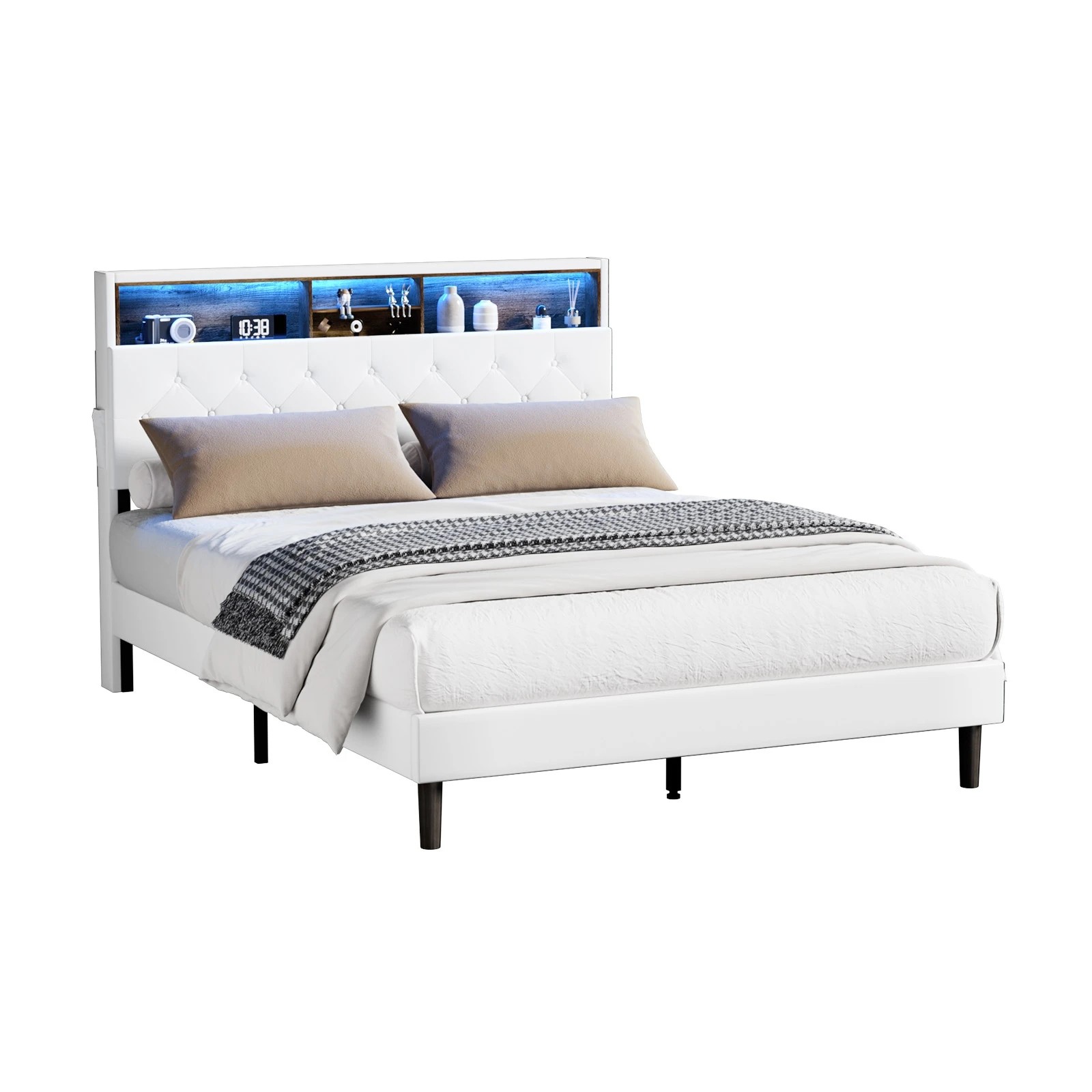 1 Oikiture Bed Frame Double Size with LED Storage Bedhead - White, 1 of 9