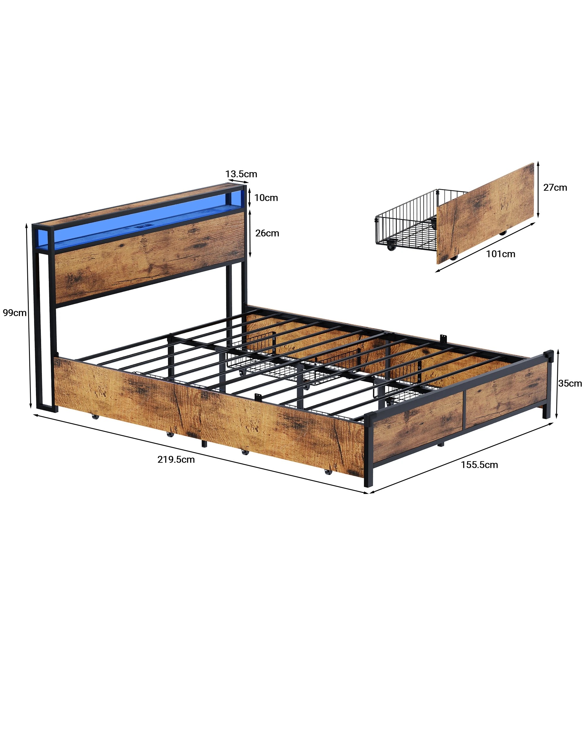 3 Advwin Queen Bed Frame with 4 Storage Drawers & Charging Station & RGB LED Lights - Brown, 3 of 5