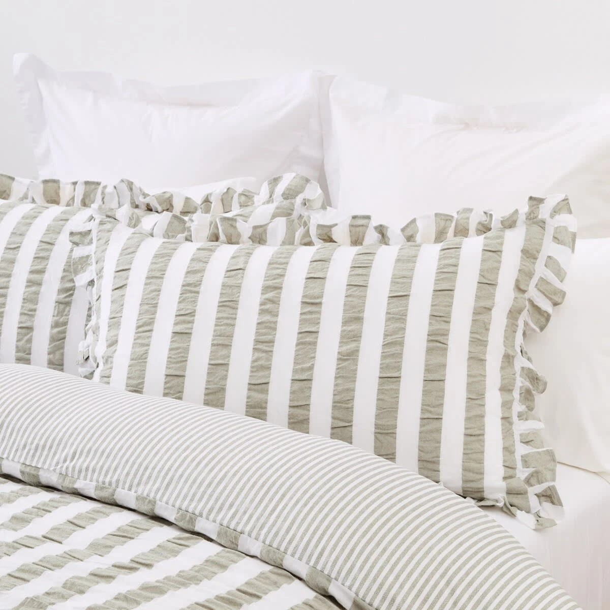 3 Ruffle Stripe Cotton Reversible Quilt Cover Set - Queen Bed, Seagrass, 3 of 7