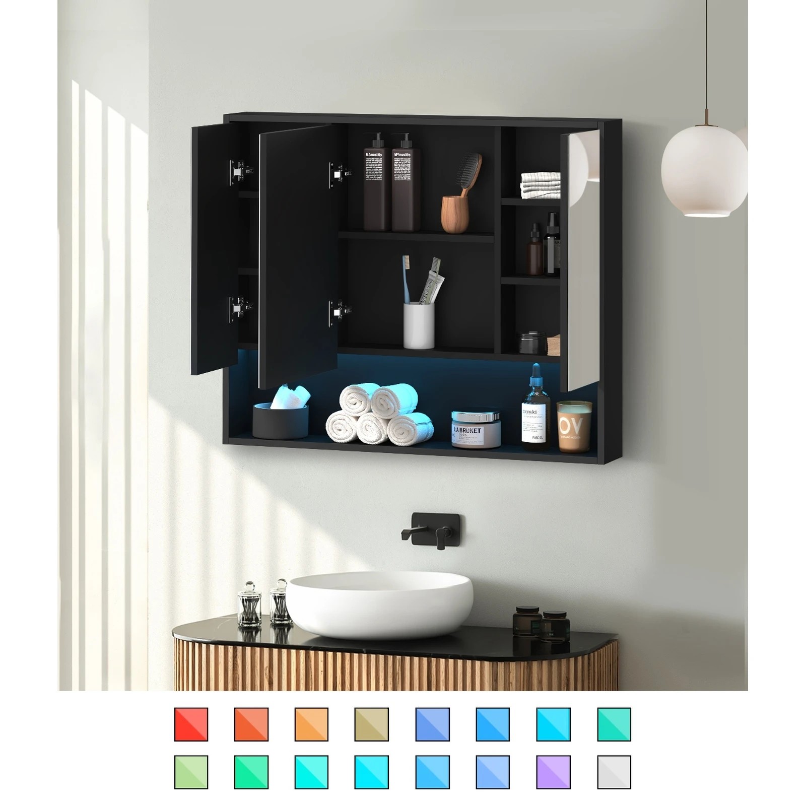 3 Welba Bathroom Mirror Cabinet Storage 900x750mm - Black, 3 of 7