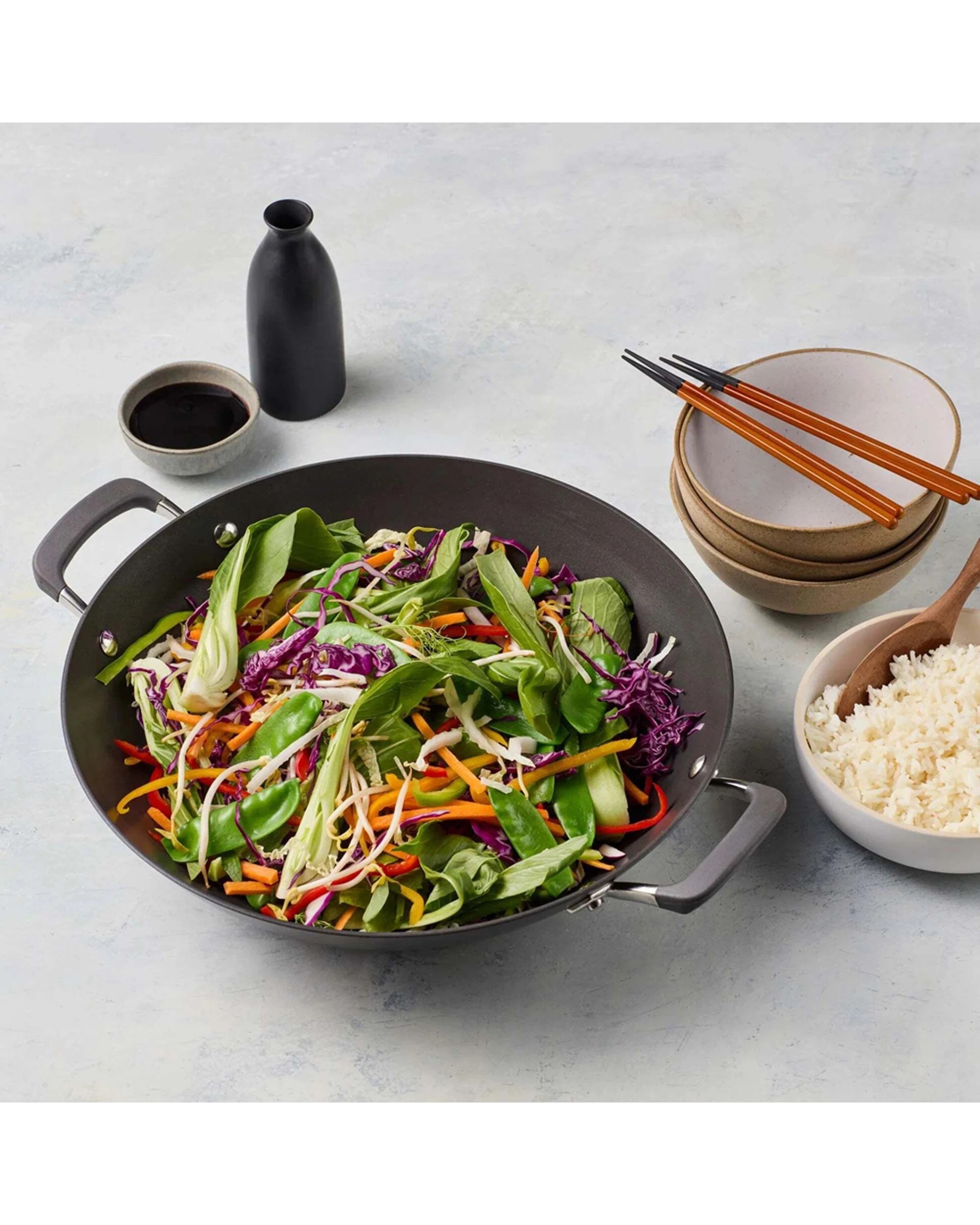 2 Anolon Endurance+ Non-Stick Hard-Anodised Induction Wok 36cm - Black, 2 of 5
