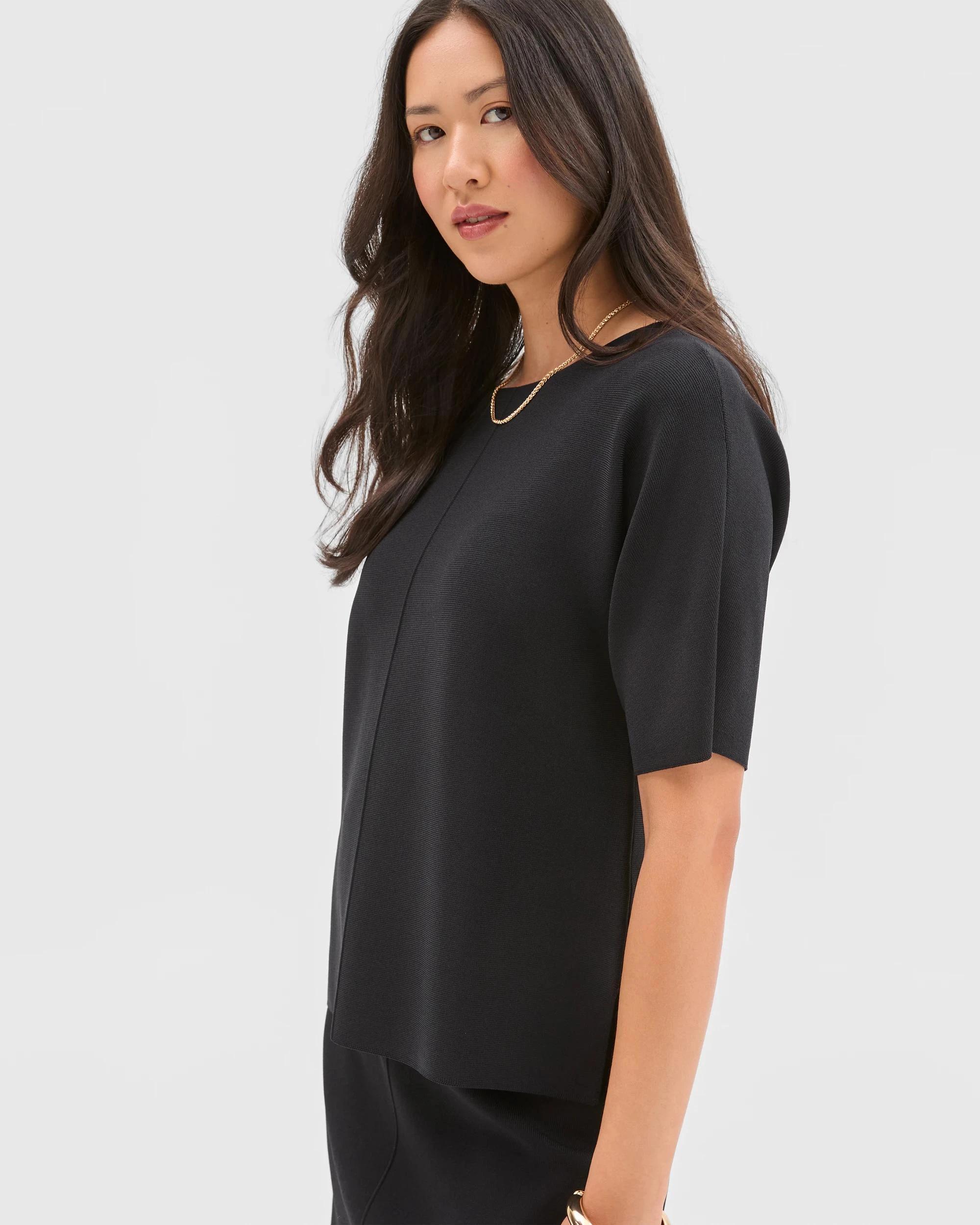 3 Preview Short Sleeve Crepe Knit T-Shirt BLACK, 3 of 5