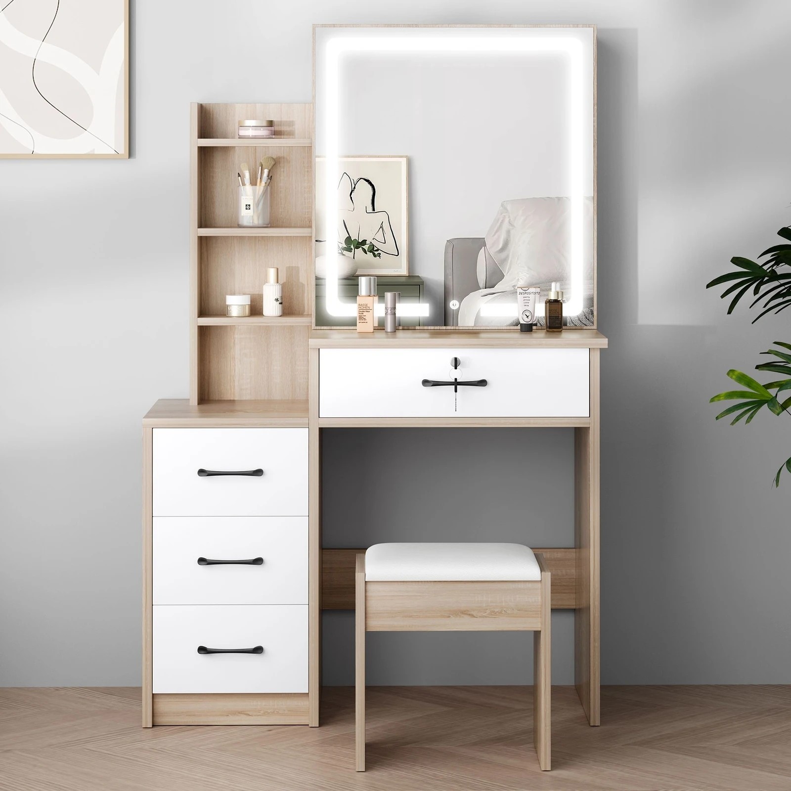 3 Alfordson Dressing Table Stool Set Makeup Mirror Vanity Desk Drawers - Wood, 3 of 10