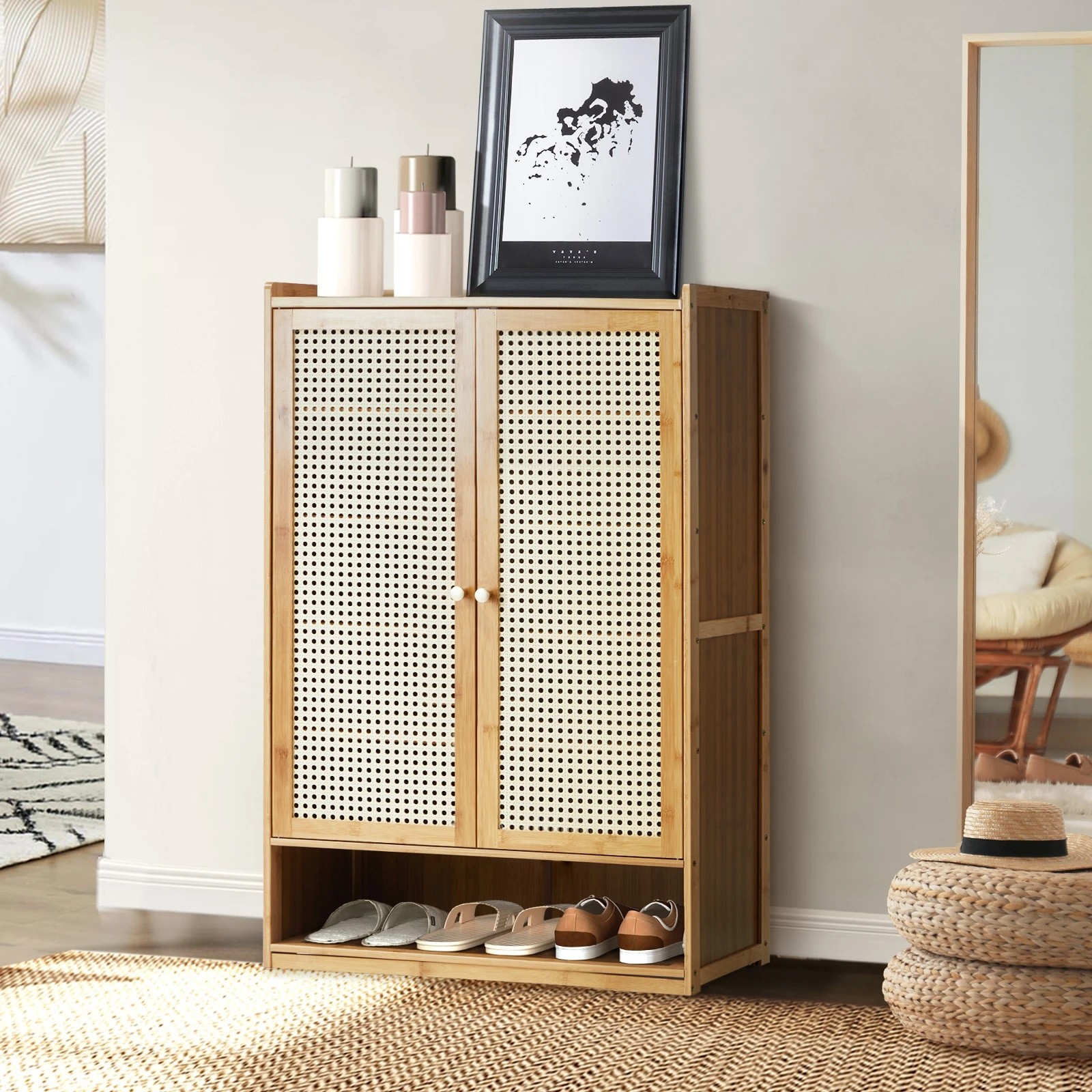 2 Oikiture Shoe Storage Cabinet Shoes Rack Organiser Shelf 2 Doors Rattan
 - Natural, 2 of 7