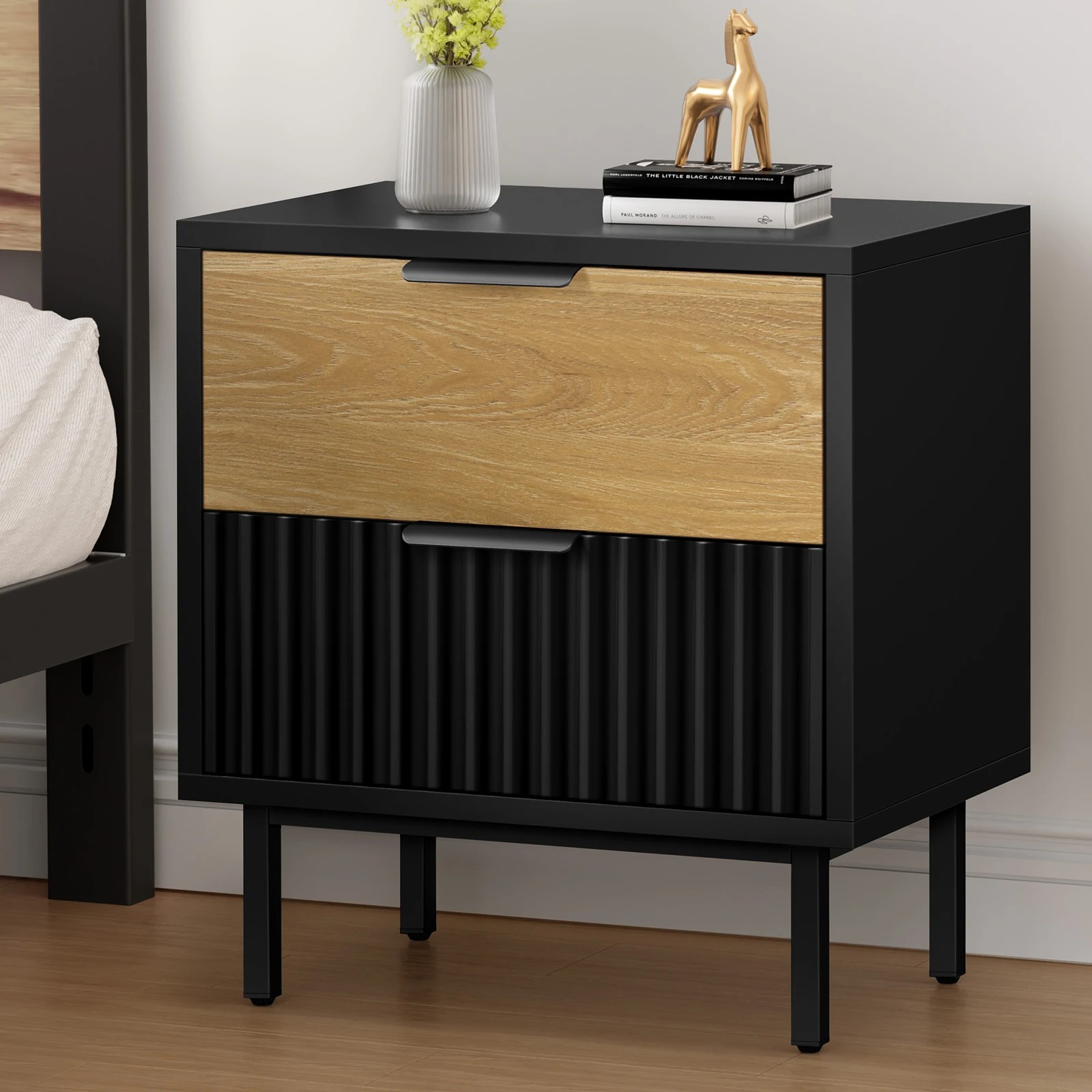 2 Alfordson Bedside Table Nightstand 2 Drawers Side Storage Cabinet - Black Wood, 2 of 10