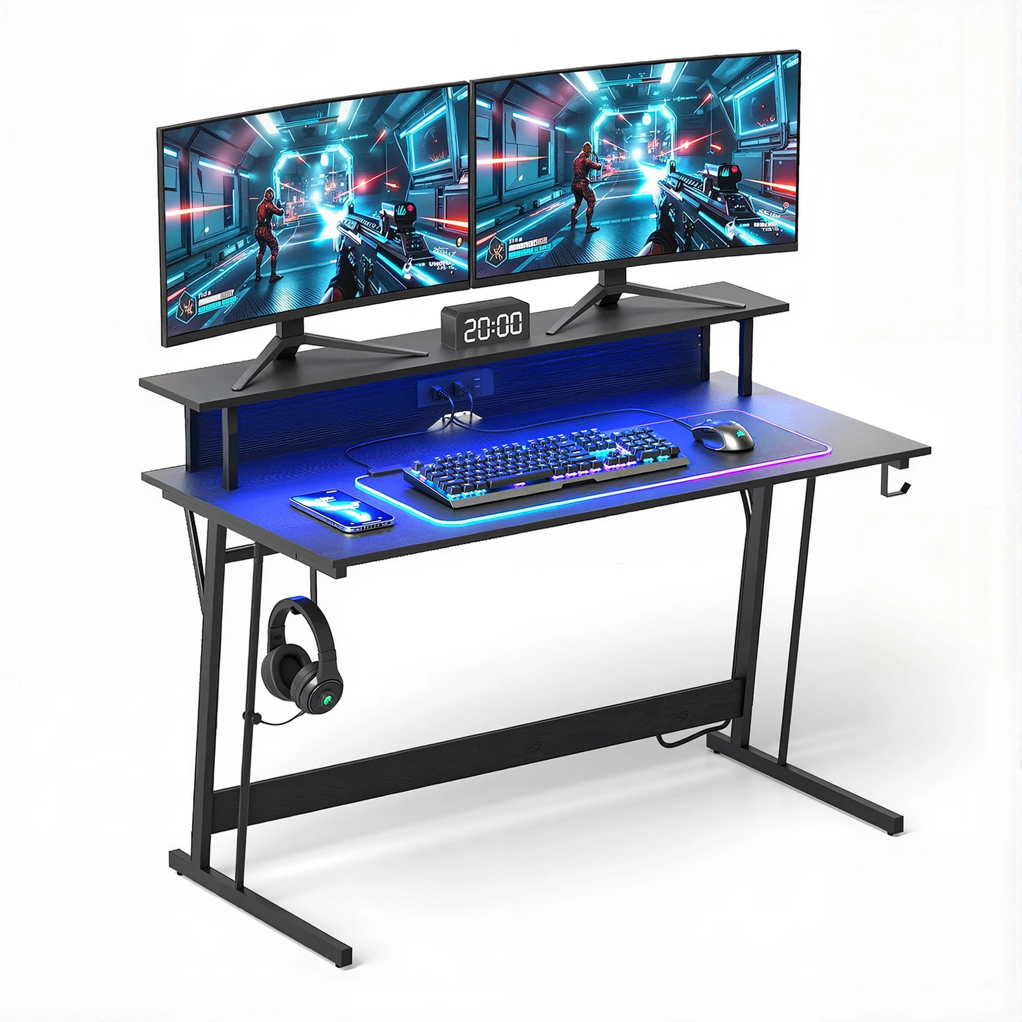 1 Artiss Gaming Desk with LED Lights Computer Desk Table with Monitor Shelf Power 120cm - Black, 1 of 4