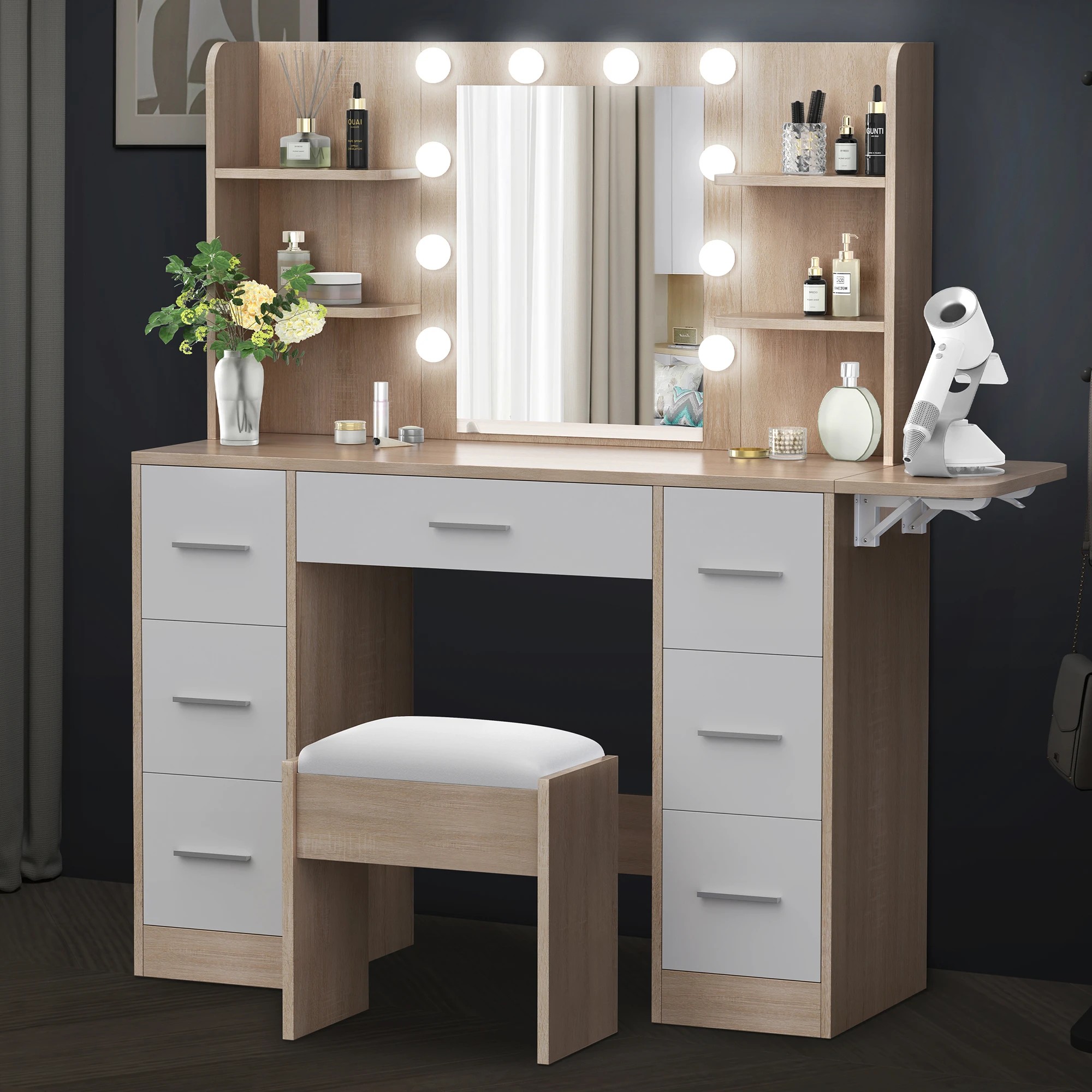 7 Alfordson Dressing Table Stool Set Makeup Mirror Vanity Desk LED Bulbs - Oak, 7 of 10