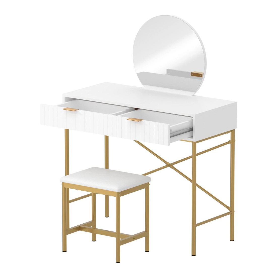 7 Oikiture Dressing Table Stool Set With Mirror Vanity Makeup Desk 2 Drawers
 - White, 7 of 9