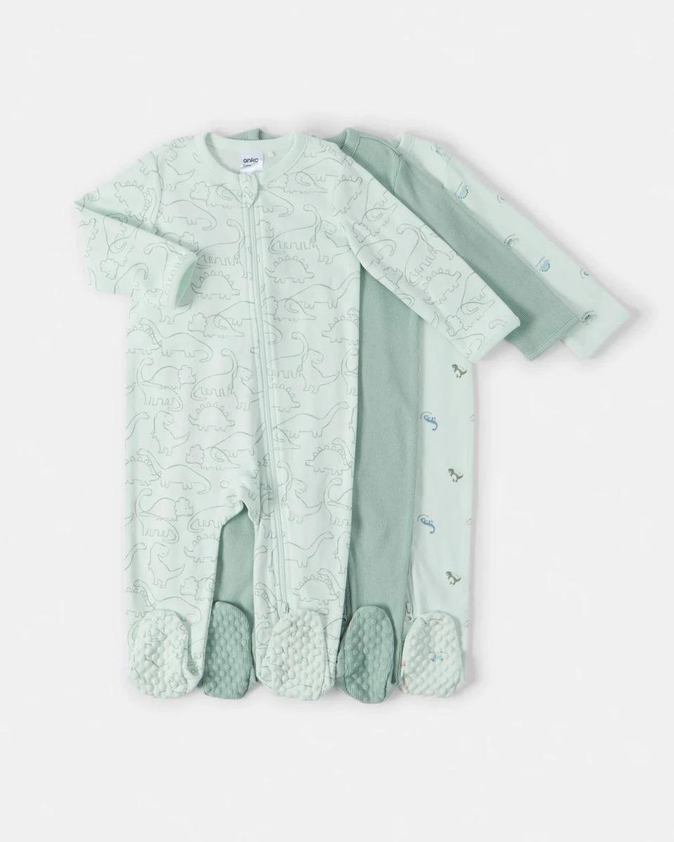 1 3 Pack Cotton Coveralls Green Dino, 1 of 5