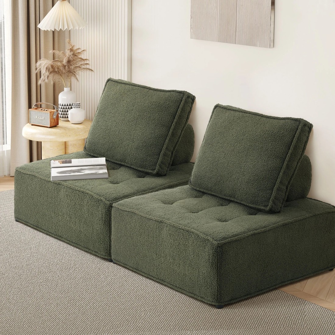 2 Oikiture 2pcs Modular Sofa Lounge Chair Armless Tofu Back Sherpa
 - Green, 2 of 10