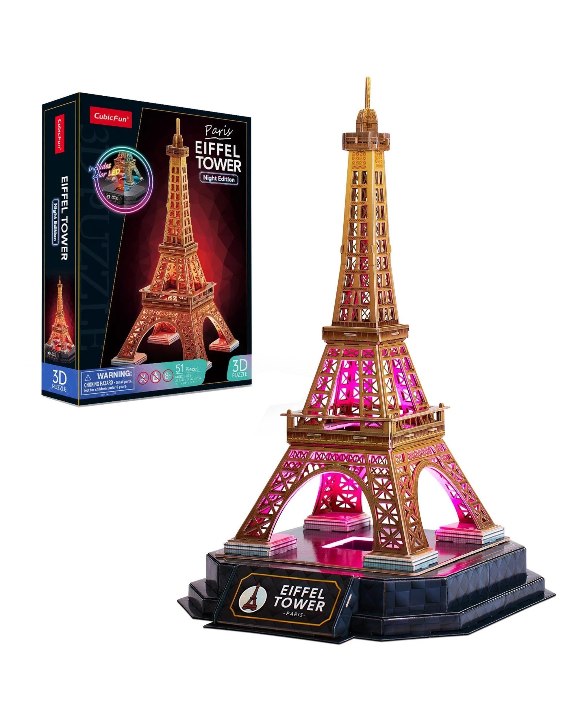1 CubicFun LED Paris Eiffel Tower Night Edition 51 Piece 3D Puzzle Model Kit, 1 of 3