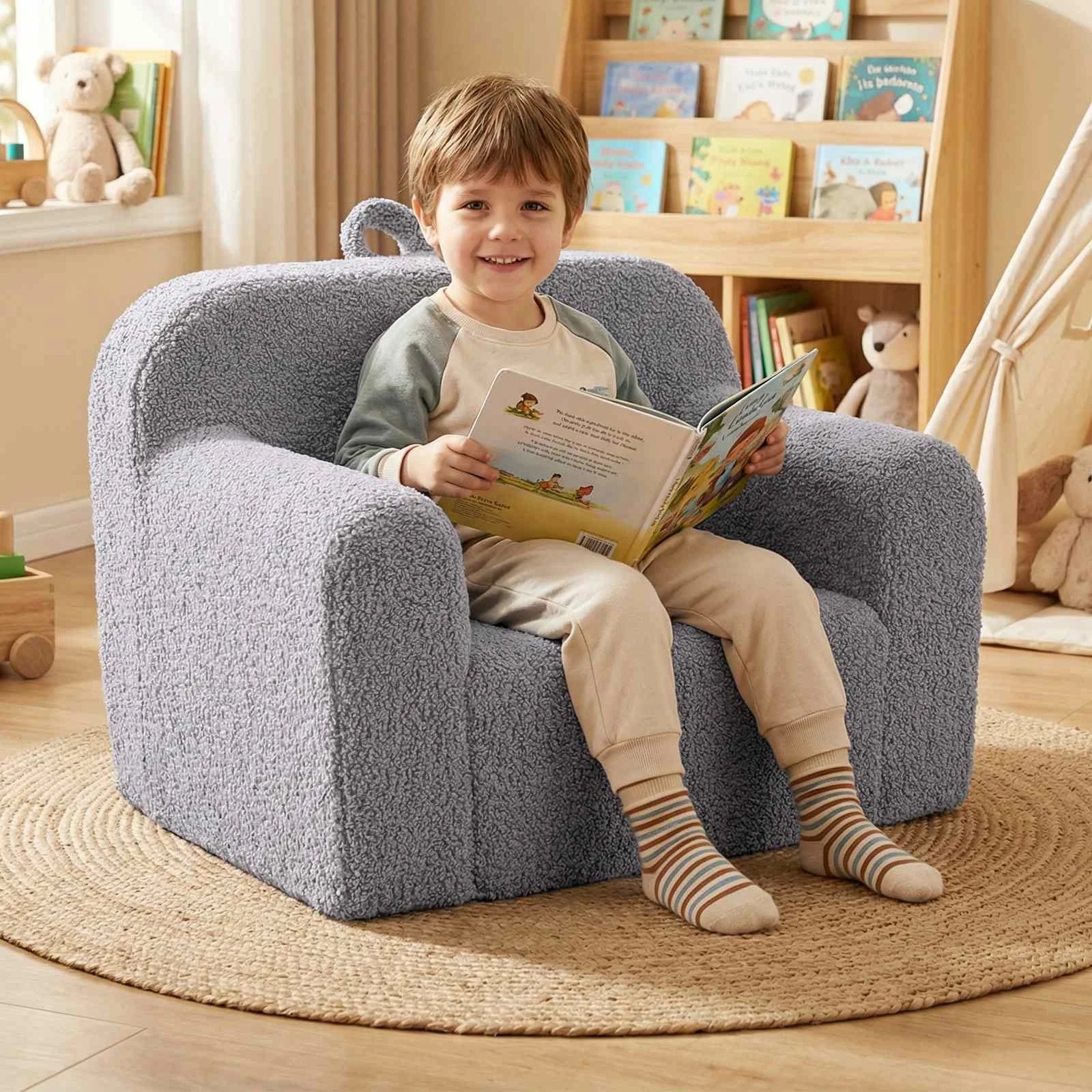 2 Costway Foam Couch Teddy Fleece Fabric Sofa Cute Reading Chair w/Handle - Grey, 2 of 2