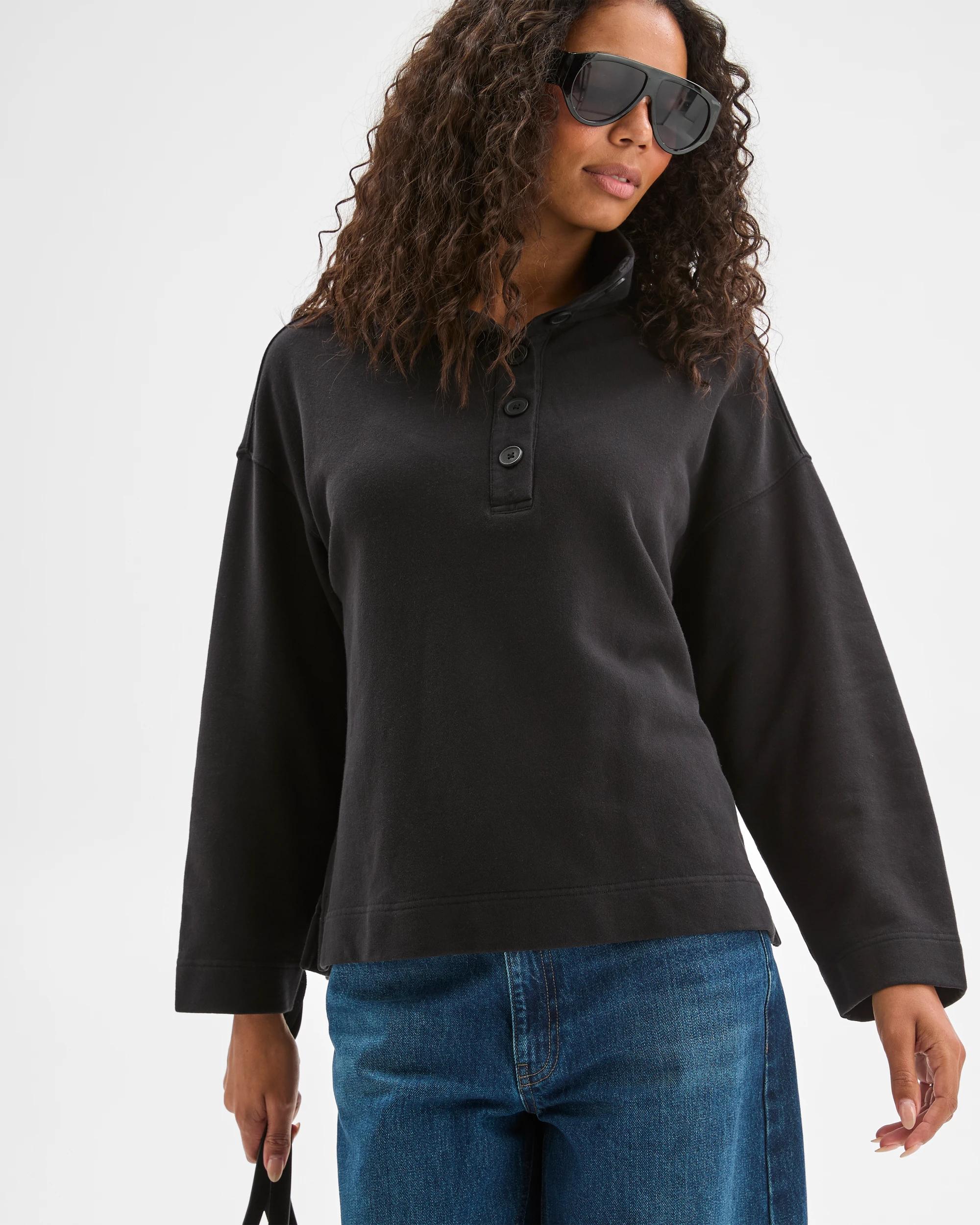 1 Target Woman Australian Cotton Funnel Neck Button Front Jumper WASHED BLACK, 1 of 6