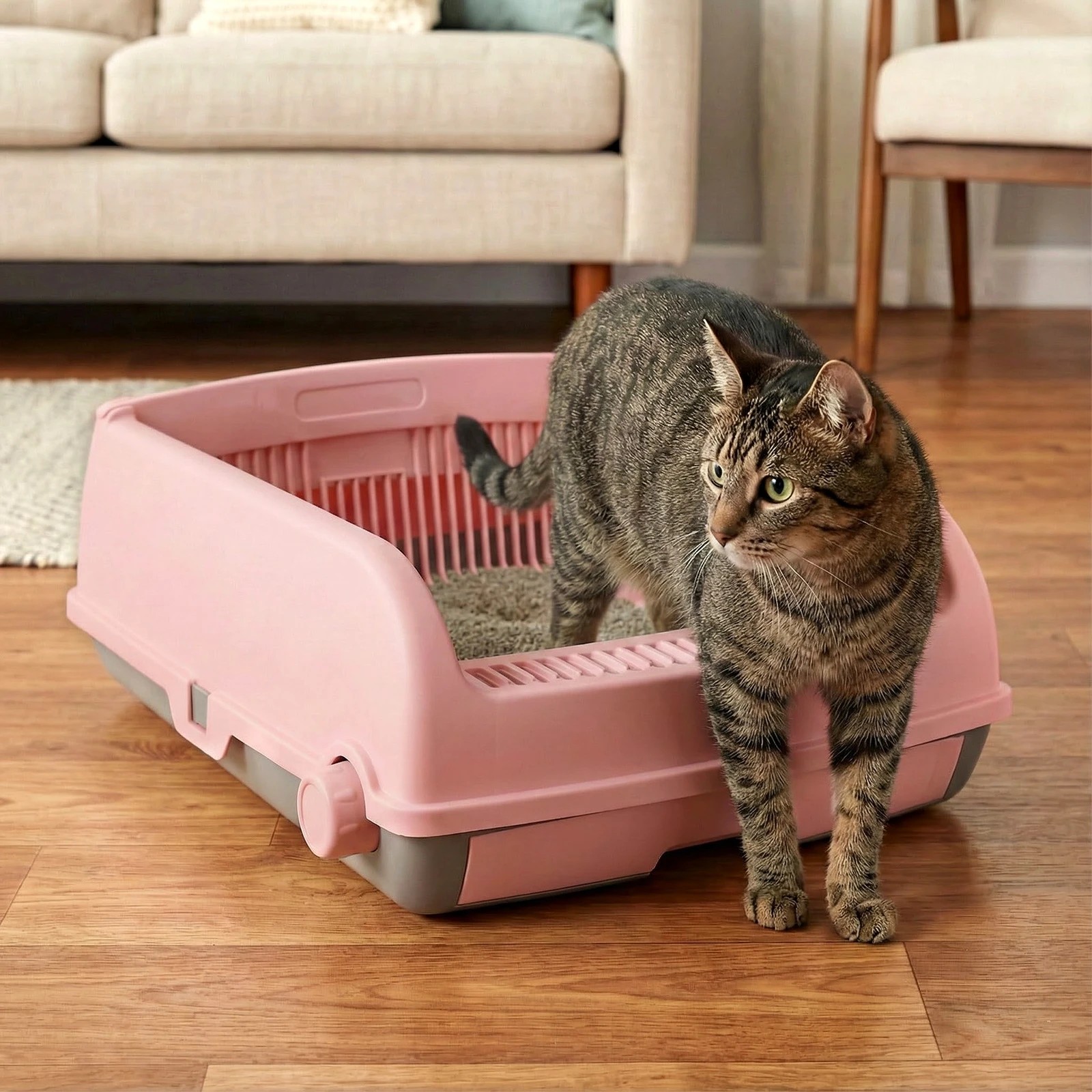 5 Costway Semi-auto Open-top Cat Litter Box Splash-proof Cat Toilet w/Sliding Scoop - Pink, 5 of 7