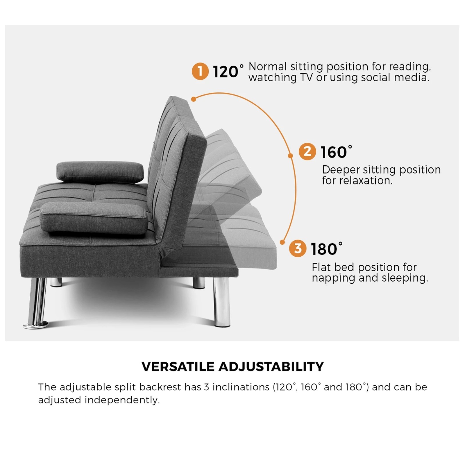 4 Oikiture Sofa Bed Lounge 3 Seater Futon Couch Beds Recliner Cup Holder Fabric
 - Grey, 4 of 10