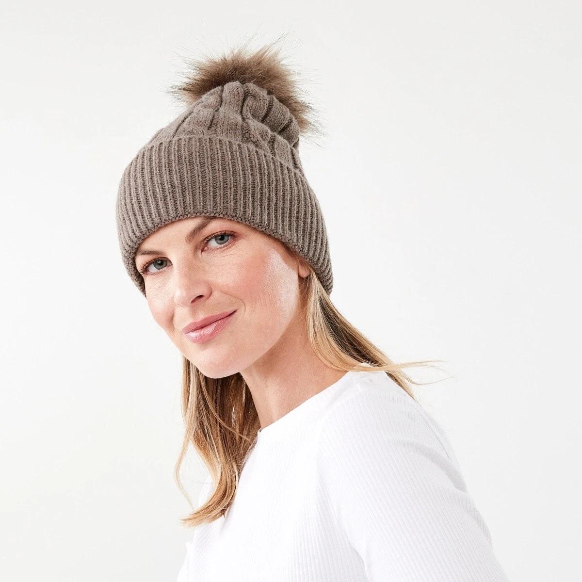 4 Cable Pom Pom Beanie Taupe Brn, 4 of 4