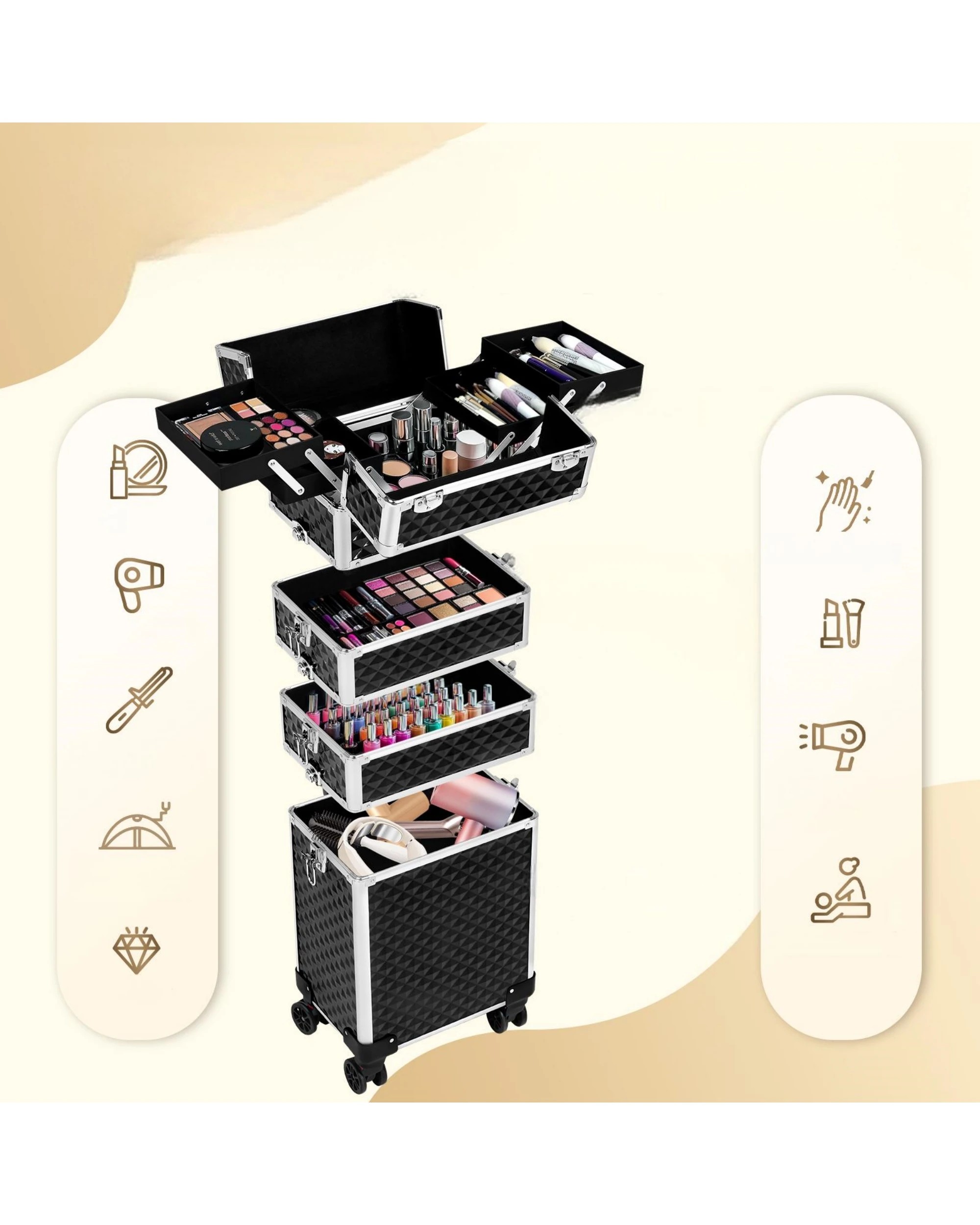 6 Advwin 4 in 1 Makeup Trolley Case Rolling Large Capacity - Black, 6 of 7