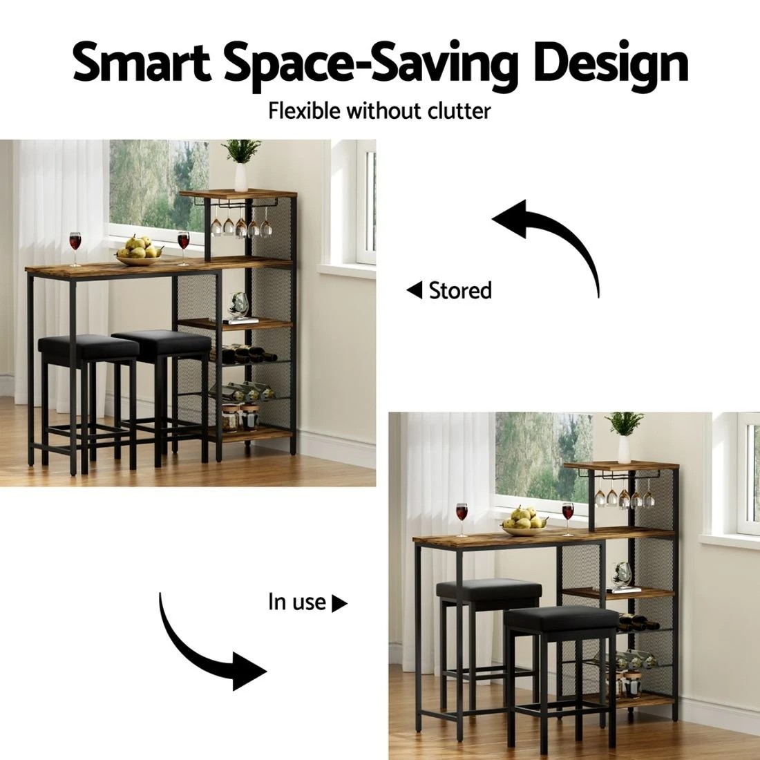 8 Artiss Industrial Bar Table Wine Rack Cup Holders Durable Storage Steel Metal Frame 122cm Compact Hub - brown, 8 of 8