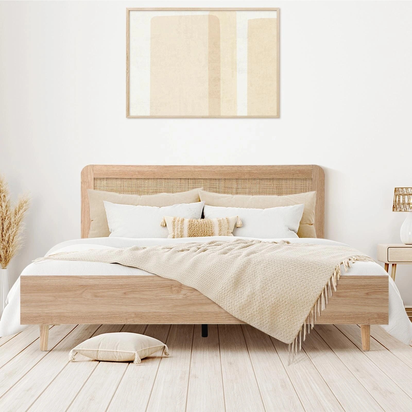 7 Oikiture King Bed Wooden Bed Frame With Rattan Headboard
 - Natural, 7 of 10