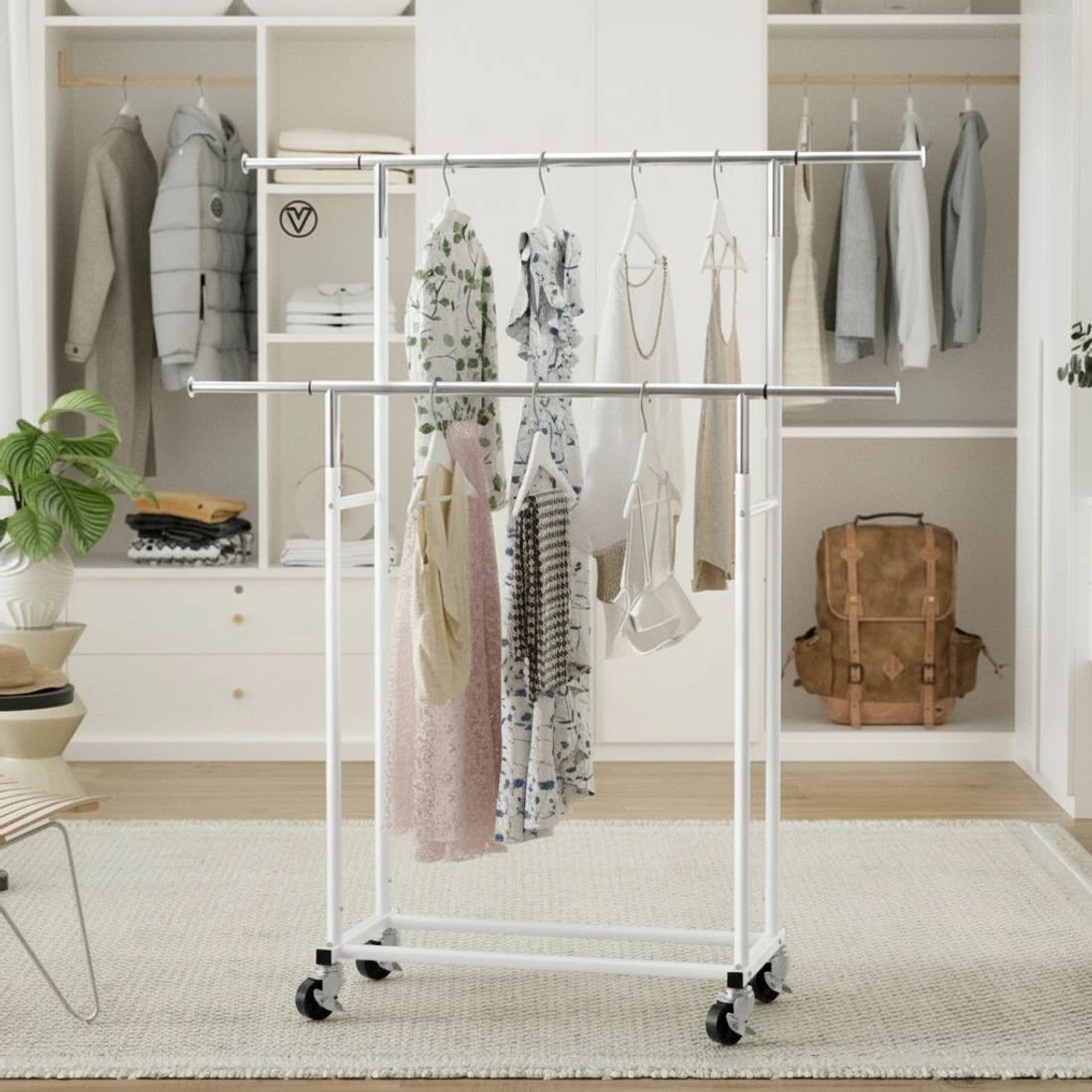 5 Artiss Clothes Rack Double Rod Airer Rail Coat Stand Adjustable Hanger Garment Rack Portable Heavy Duty Wheels - White, 5 of 7