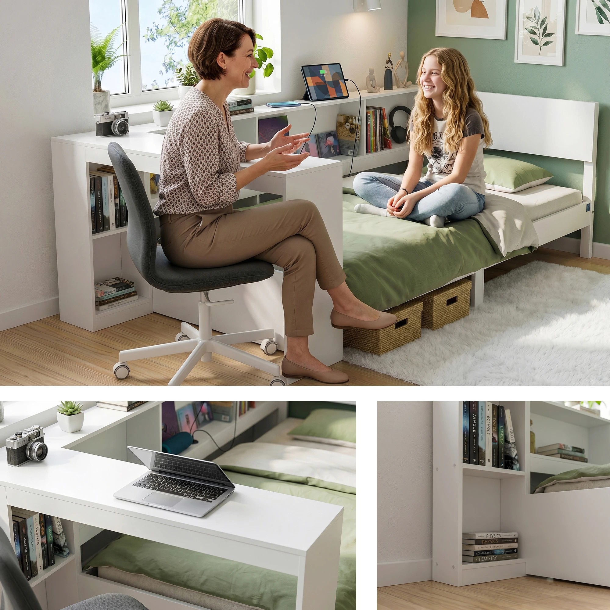 7 Artiss Single Solid Wood Corner Platform Bed Frame with Built-in Desk USB-C Charging Station - White, 7 of 8