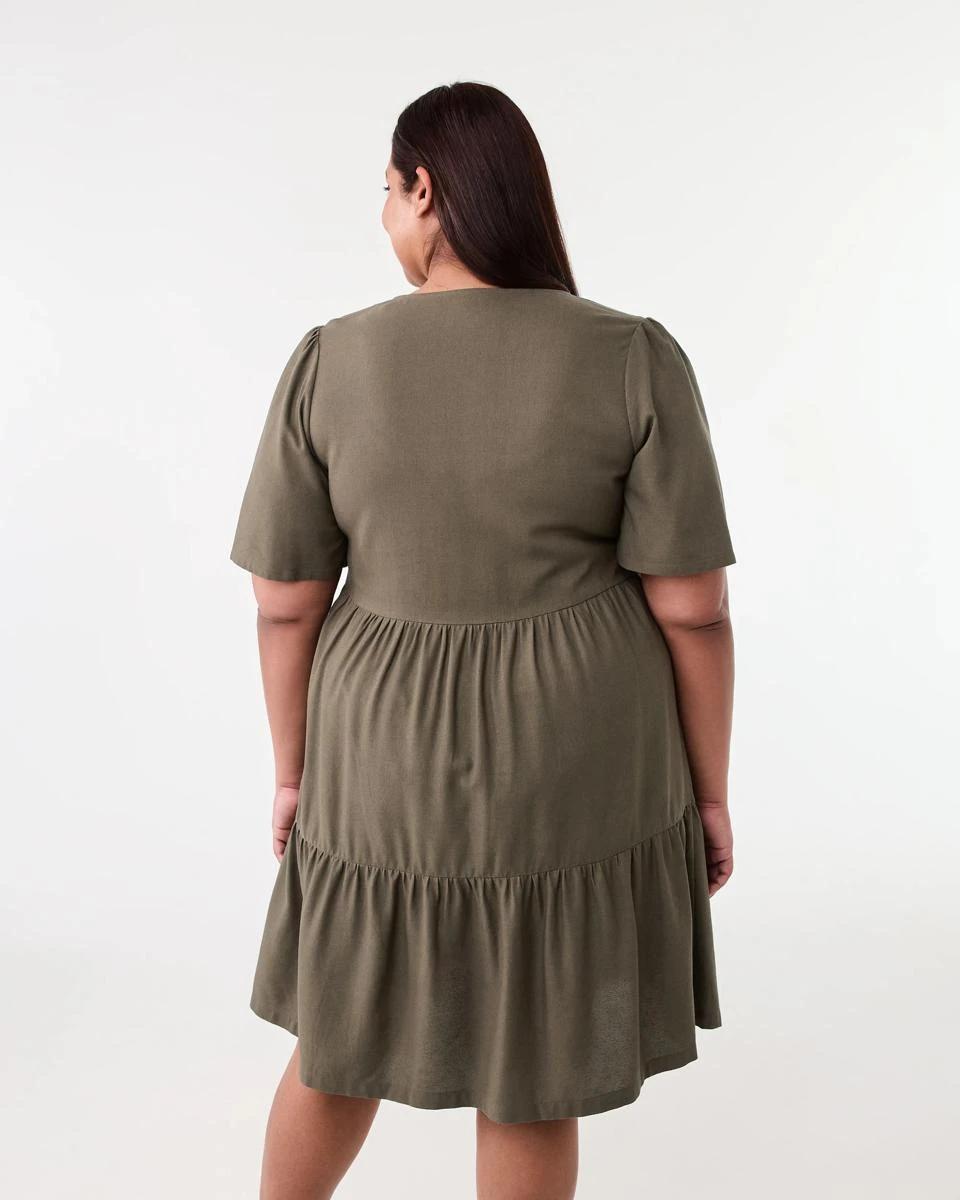 3 Curve Short Sleeve Button Through Midi Dress Deep Olive, 3 of 9