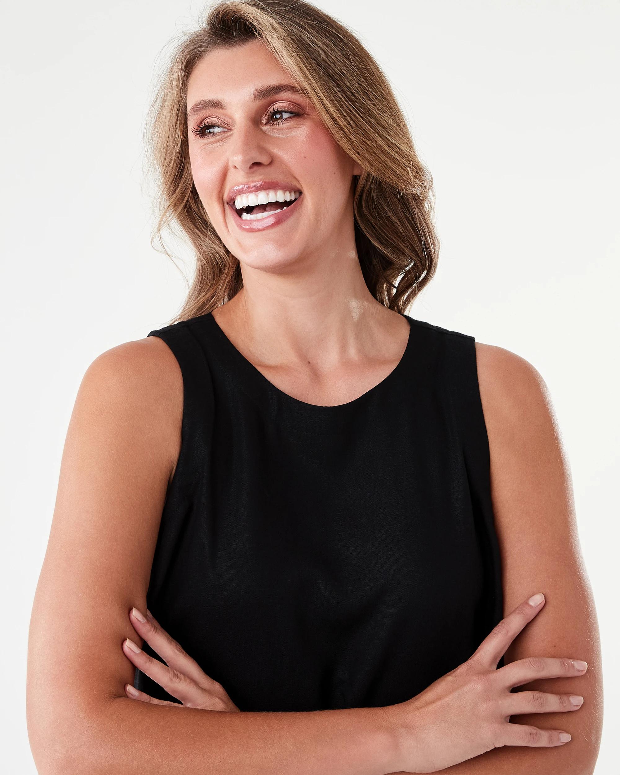 4 Sleeveless Linen Blend Button Detail Mini Dress Black, 4 of 7