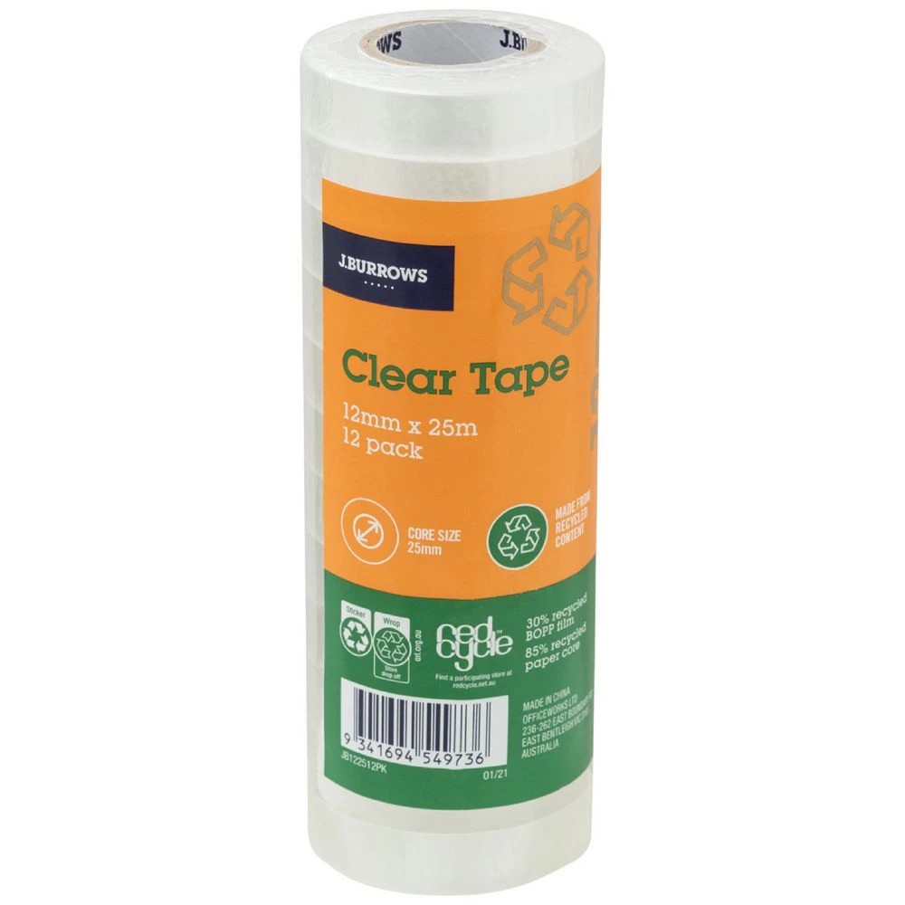 1 J.Burrows Clear Tape Roll 12mmX25m 12 Pack, 1 of 2