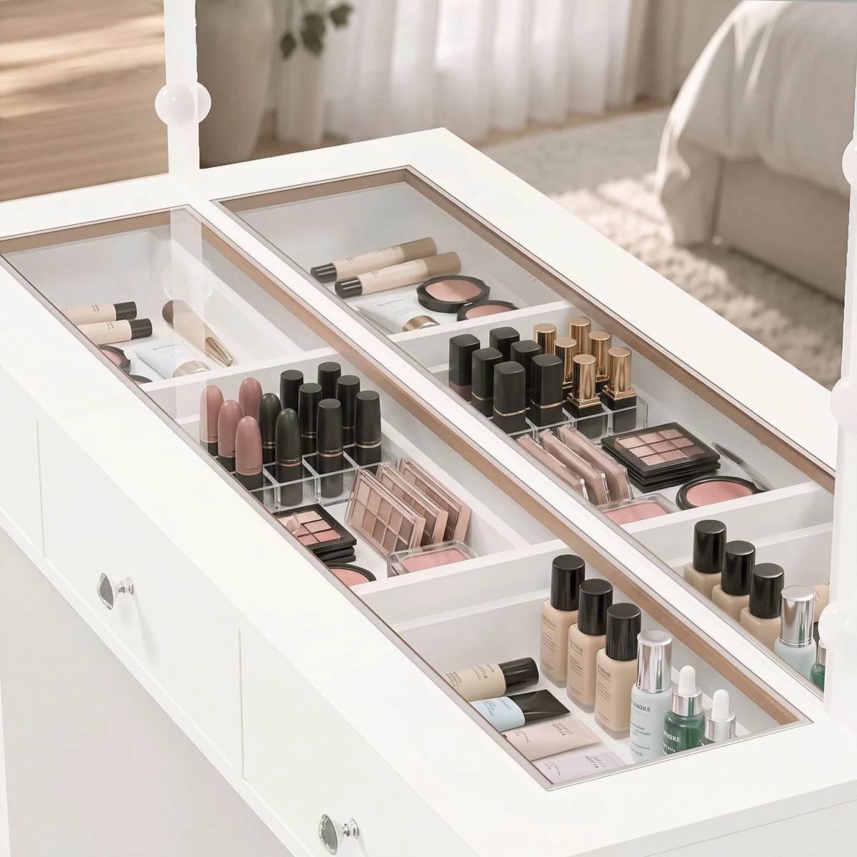 Oikiture Dressing Table Set LED Lights Glass Tabletop 11 Drawers ...