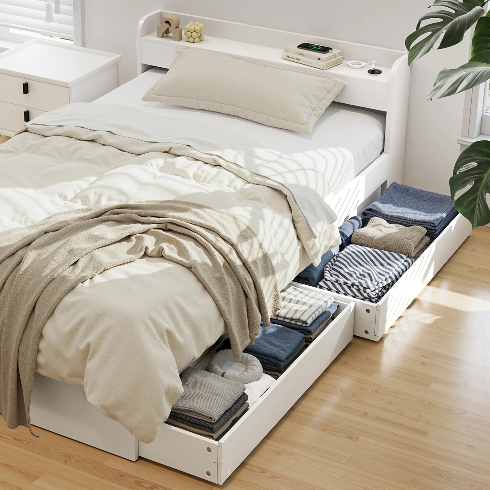 7 Artiss Bed Frame King Single Size with Charging Ports and 2 Drawers - White, 7 of 10