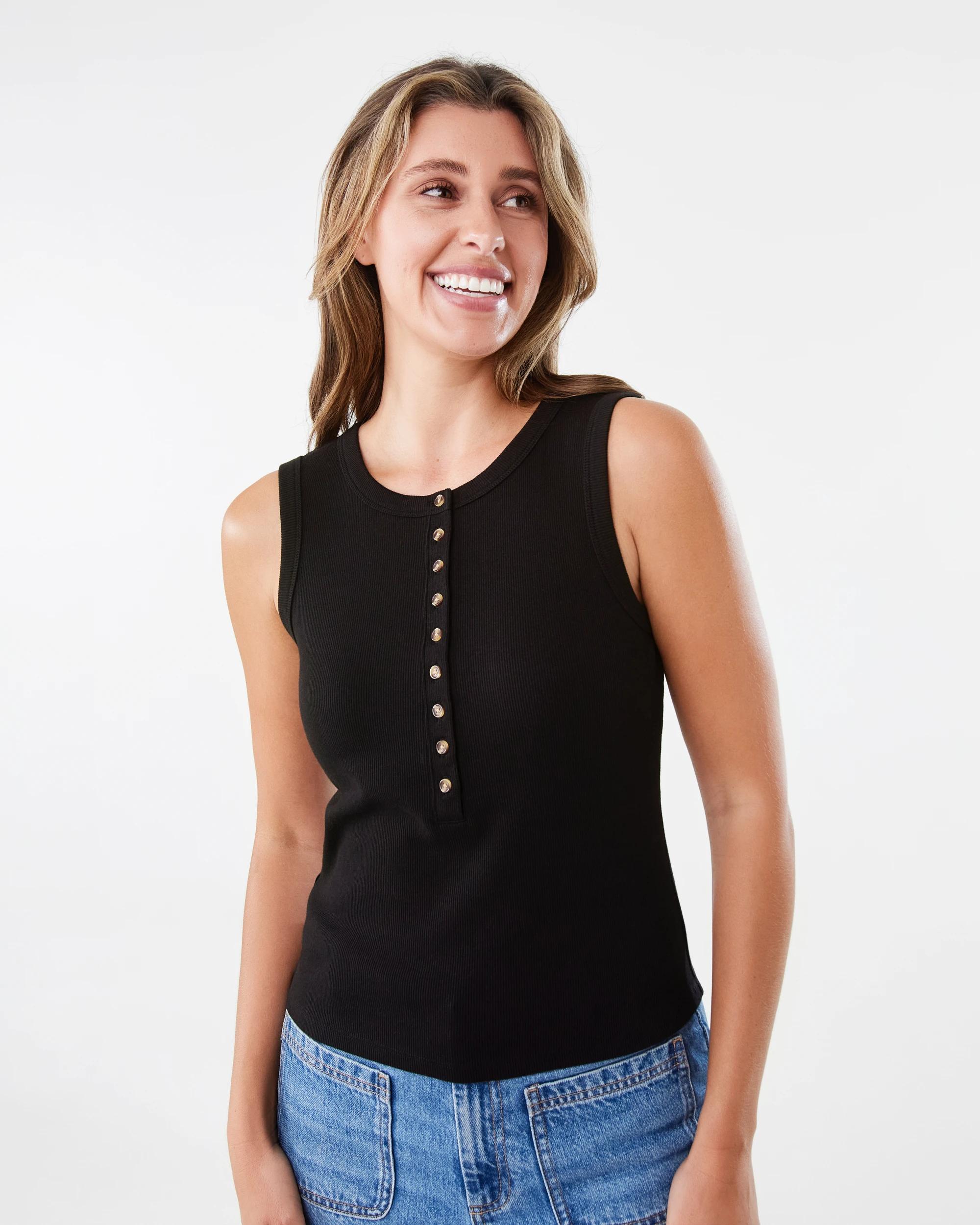 1 Sleeveless Henley Top Black, 1 of 5