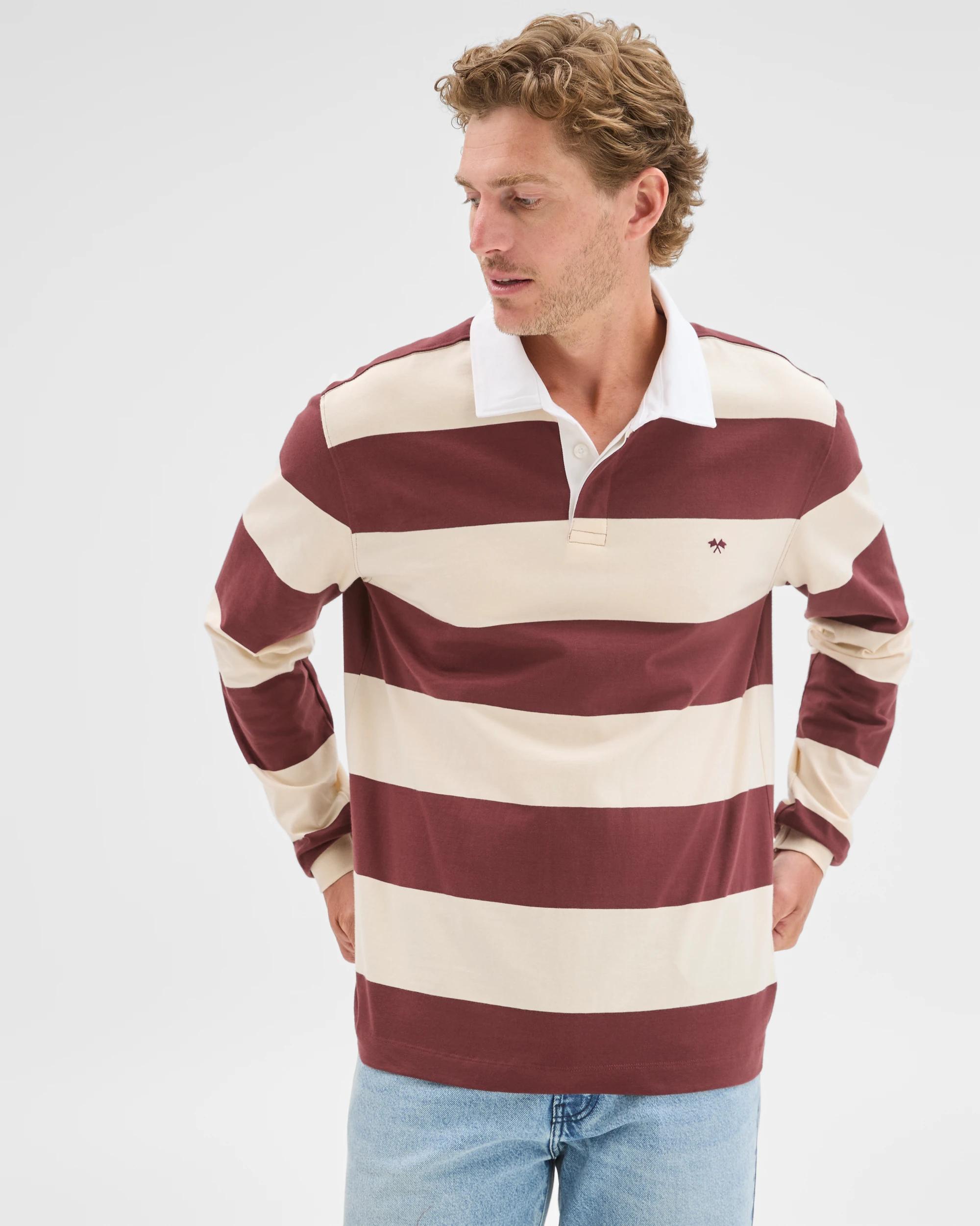 3 Target Man Australian Cotton Long Sleeve Rugby Polo Top STONE STRIPE, 3 of 8