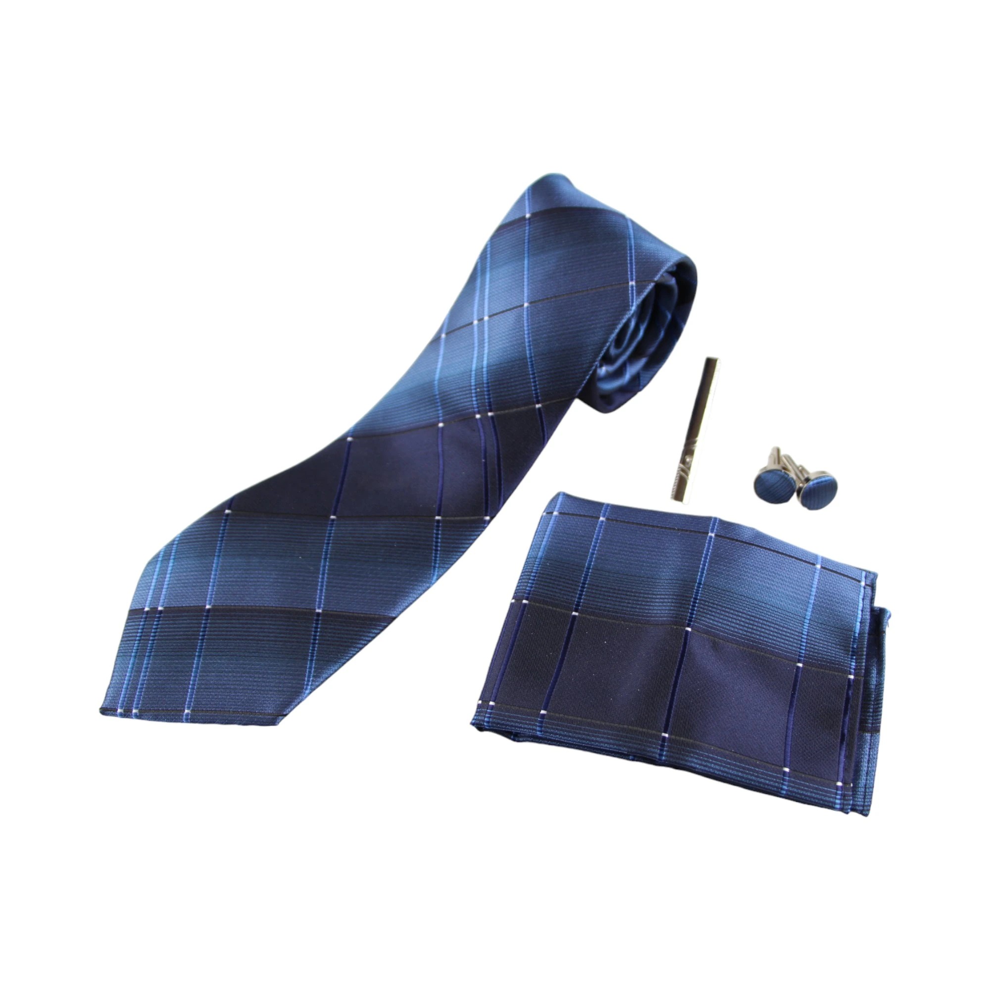 2 Zasel Mens Ocean Blue Checkered Matching Neck Tie, Pocket Square, Cuff Links And Tie Clip Set - Multi, 2 of 3