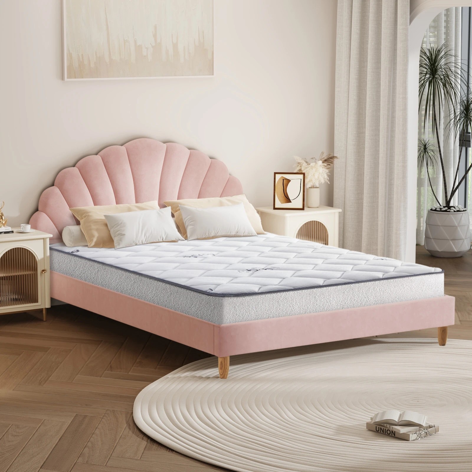 3 Oikiture Bed Frame Double Size Scallop-Shape Bedhead Velvet with Mattress - Pink, 3 of 8