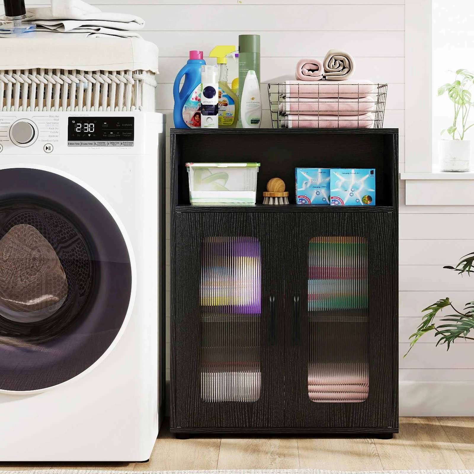 2 Costway 83cm Bathroom Storage Cabinet w/2 See-through Doors Freestanding Organizer Unit - Black, 2 of 5